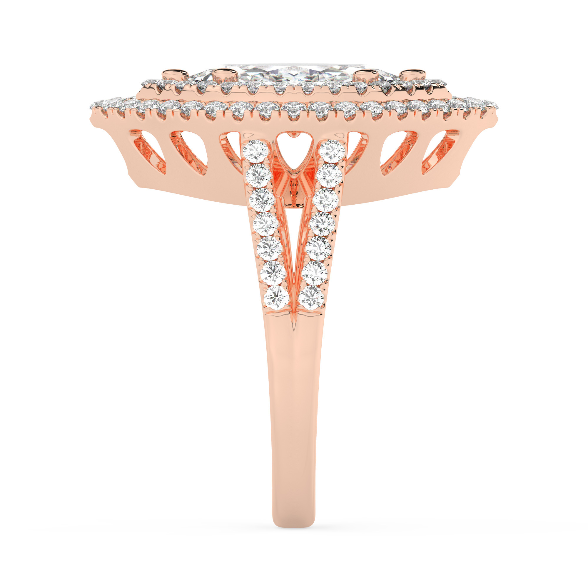 טבעת אירוסין היילו דגם 50025 כסף מצופה זהב אדום רוזגולד במרכז אבן מעבדה מוסונייט 0.75 קראט בחיתוך מרקיזה עם תעודה גמולוגית מסביב ובצדדים אבני מעבדה מוסונייט במשקל כולל של 0.62 קראט בחיתוך עגול – תמונה 4