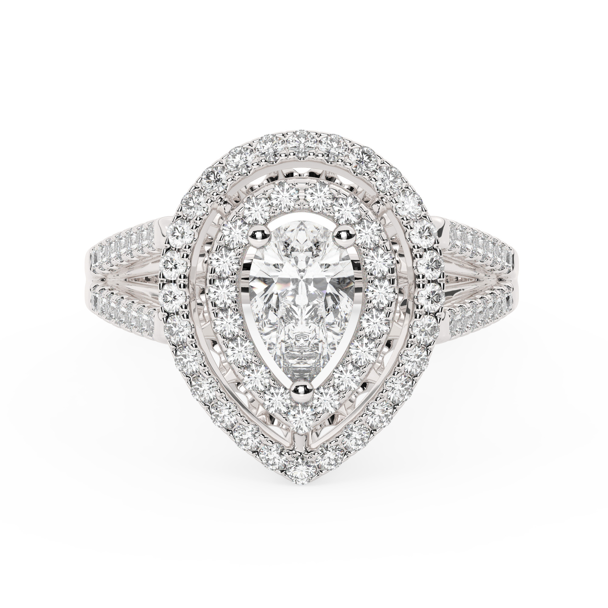 טבעת אירוסין היילו דגם 50025 כסף מצופה זהב לבן במרכז אבן מעבדה מוסונייט 1 קראט בחיתוך טיפה עם תעודה גמולוגית בינלאומית GRA מסביב ובצדדים אבני מעבדה מוסונייט במשקל כולל של 0.62 קראט בחיתוך עגול – תמונה 2