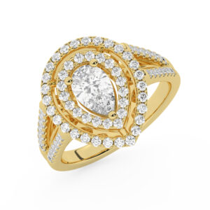 טבעת אירוסין היילו דגם 50025 כסף מצופה זהב צהוב במרכז אבן מעבדה מוסונייט 1.50 קראט בחיתוך טיפה עם תעודה גמולוגית בינלאומית GRA מסביב ובצדדים אבני מעבדה מוסונייט במשקל כולל של 0.62 קראט בחיתוך עגול