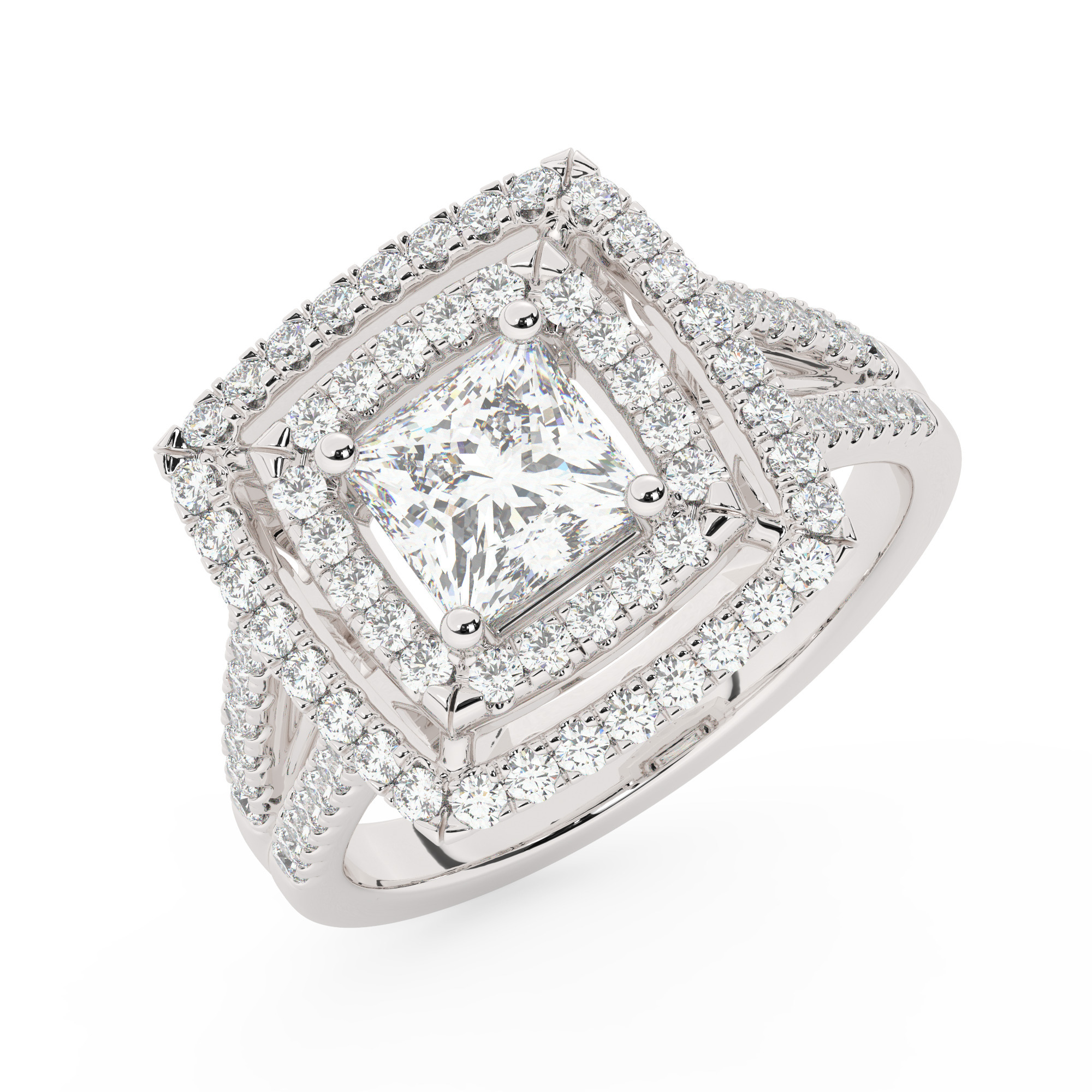 טבעת אירוסין היילו דגם 50025 כסף מצופה זהב לבן במרכז אבן מעבדה מוסונייט 1 קראט בחיתוך פרינסס עם תעודה גמולוגית בינלאומית GRA מסביב ובצדדים אבני מעבדה מוסונייט במשקל כולל של 0.62 קראט בחיתוך עגול