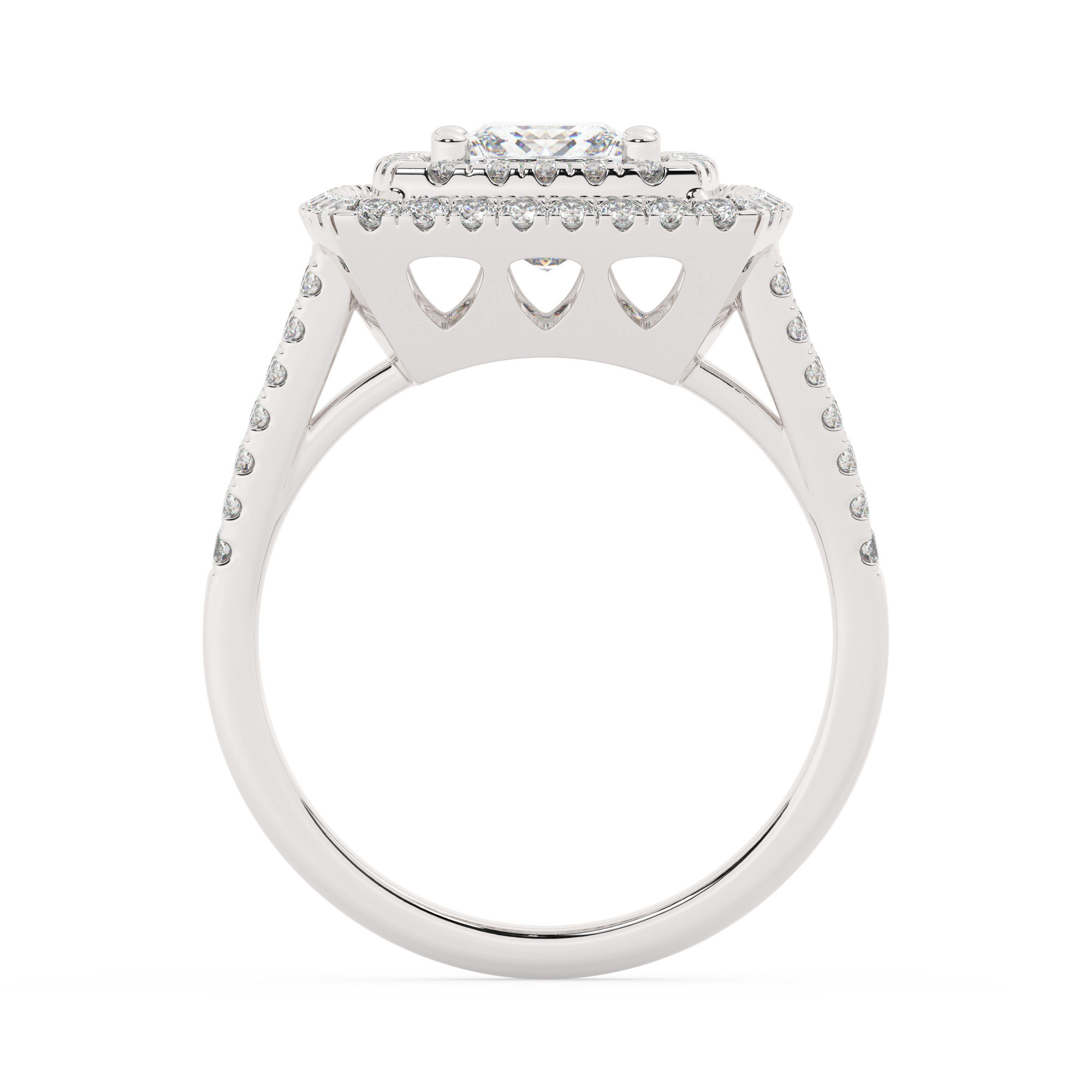 טבעת אירוסין היילו דגם 50025 כסף מצופה זהב לבן במרכז אבן מעבדה מוסונייט 2.50 קראט בחיתוך פרינסס עם תעודה גמולוגית בינלאומית GRA מסביב ובצדדים אבני מעבדה מוסונייט במשקל כולל של 0.62 קראט בחיתוך עגול – תמונה 3