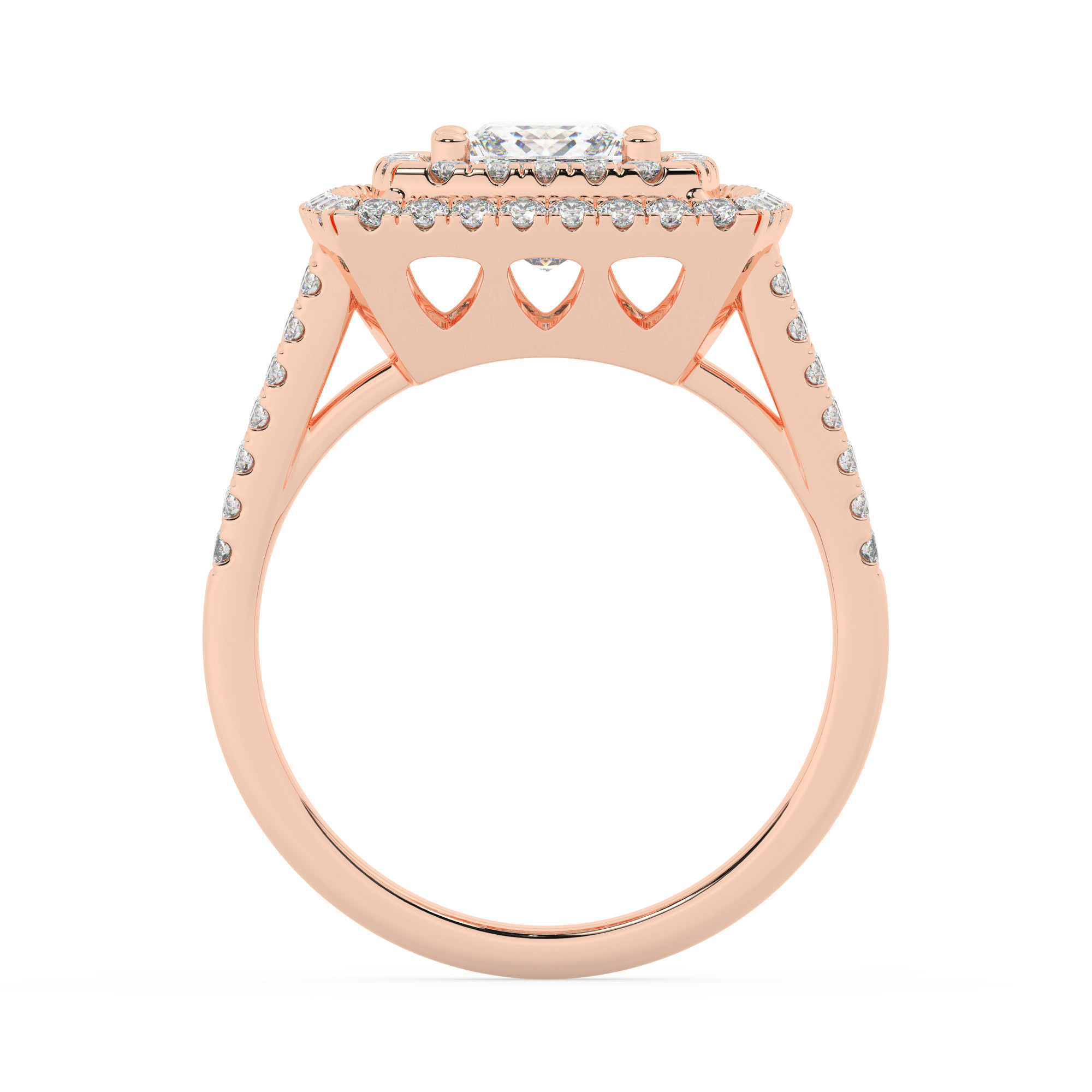 טבעת אירוסין היילו דגם 50025 כסף מצופה זהב אדום רוזגולד במרכז אבן מעבדה מוסונייט 4 קראט בחיתוך פרינסס עם תעודה גמולוגית בינלאומית GRA מסביב ובצדדים אבני מעבדה מוסונייט במשקל כולל של 0.62 קראט בחיתוך עגול – תמונה 3