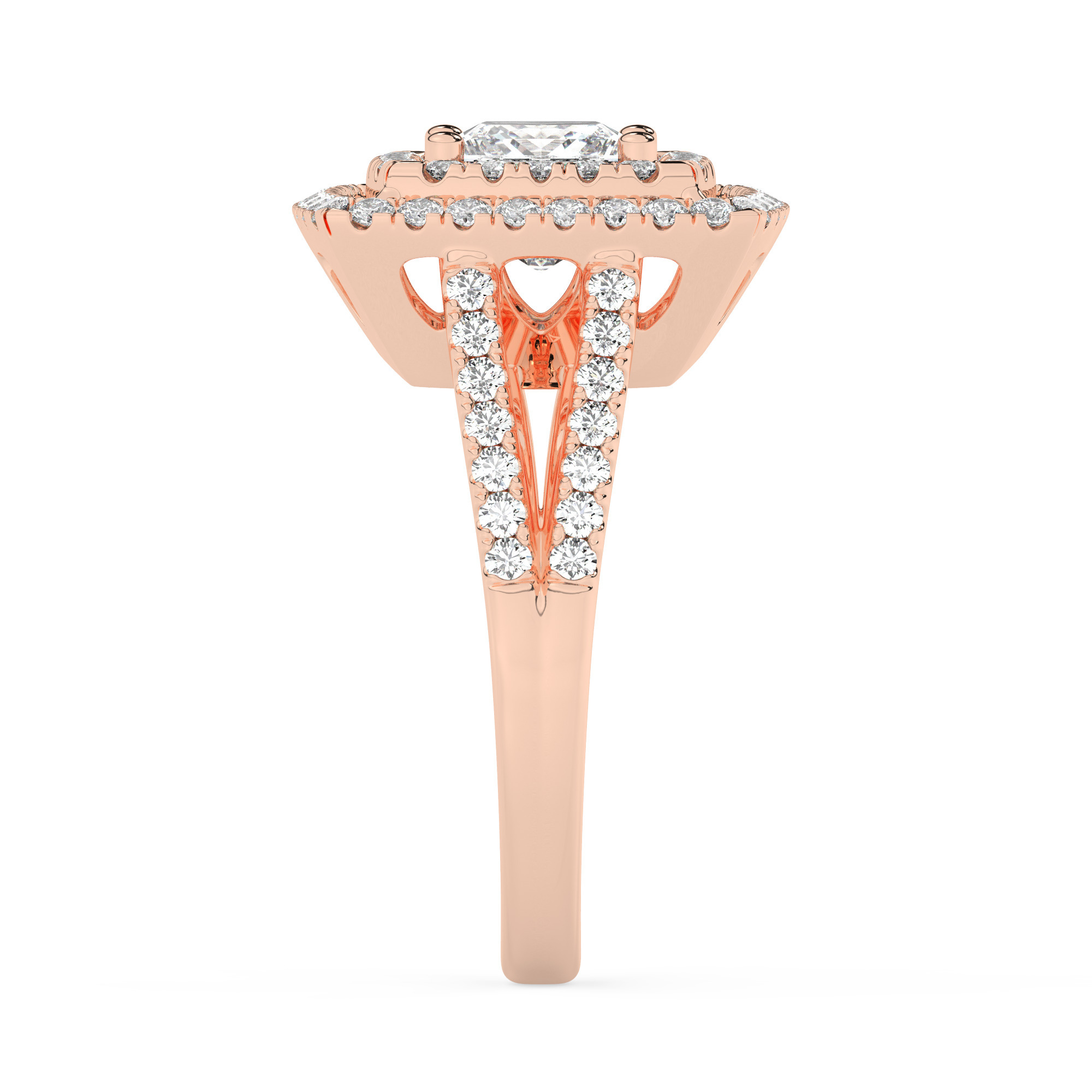 טבעת אירוסין היילו דגם 50025 כסף מצופה זהב אדום רוזגולד במרכז אבן מעבדה מוסונייט 4 קראט בחיתוך פרינסס עם תעודה גמולוגית בינלאומית GRA מסביב ובצדדים אבני מעבדה מוסונייט במשקל כולל של 0.62 קראט בחיתוך עגול – תמונה 4