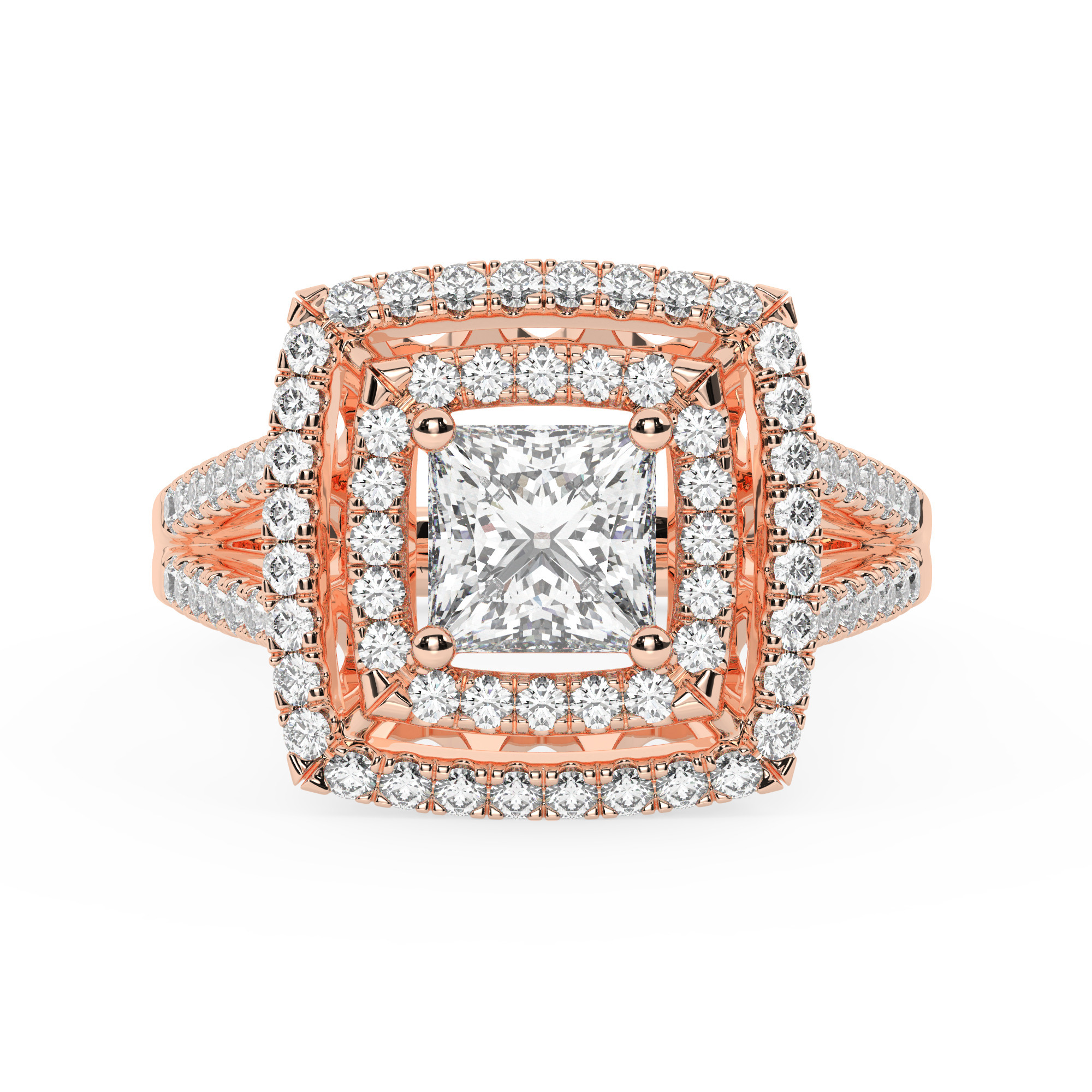 טבעת אירוסין היילו דגם 50025 כסף מצופה זהב אדום רוזגולד במרכז אבן מעבדה מוסונייט 4 קראט בחיתוך פרינסס עם תעודה גמולוגית בינלאומית GRA מסביב ובצדדים אבני מעבדה מוסונייט במשקל כולל של 0.62 קראט בחיתוך עגול – תמונה 2