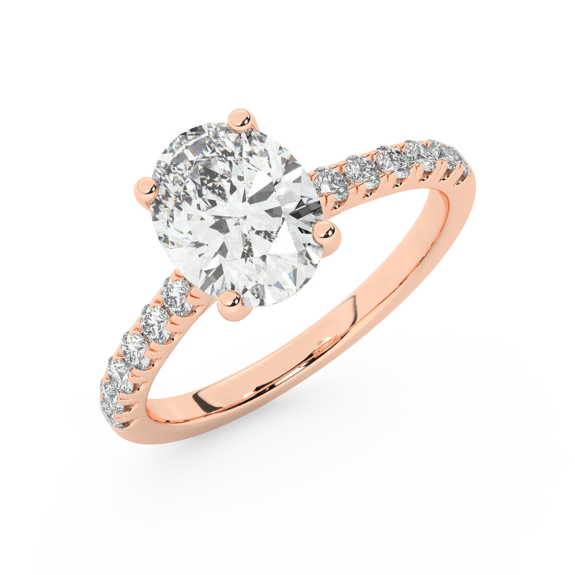 טבעת אירוסין סוליטר ויהלומים בצדדים דגם 50019 כסף מצופה זהב אדום רוזגולד במרכז יהלום מעבדה 2.50 קראט בחיתוך אובל עם תעודה גמולוגית אירופאית IGI מסביב ובצדדים יהלומי מעבדה במשקל כולל של 0.28 קראט בחיתוך עגול