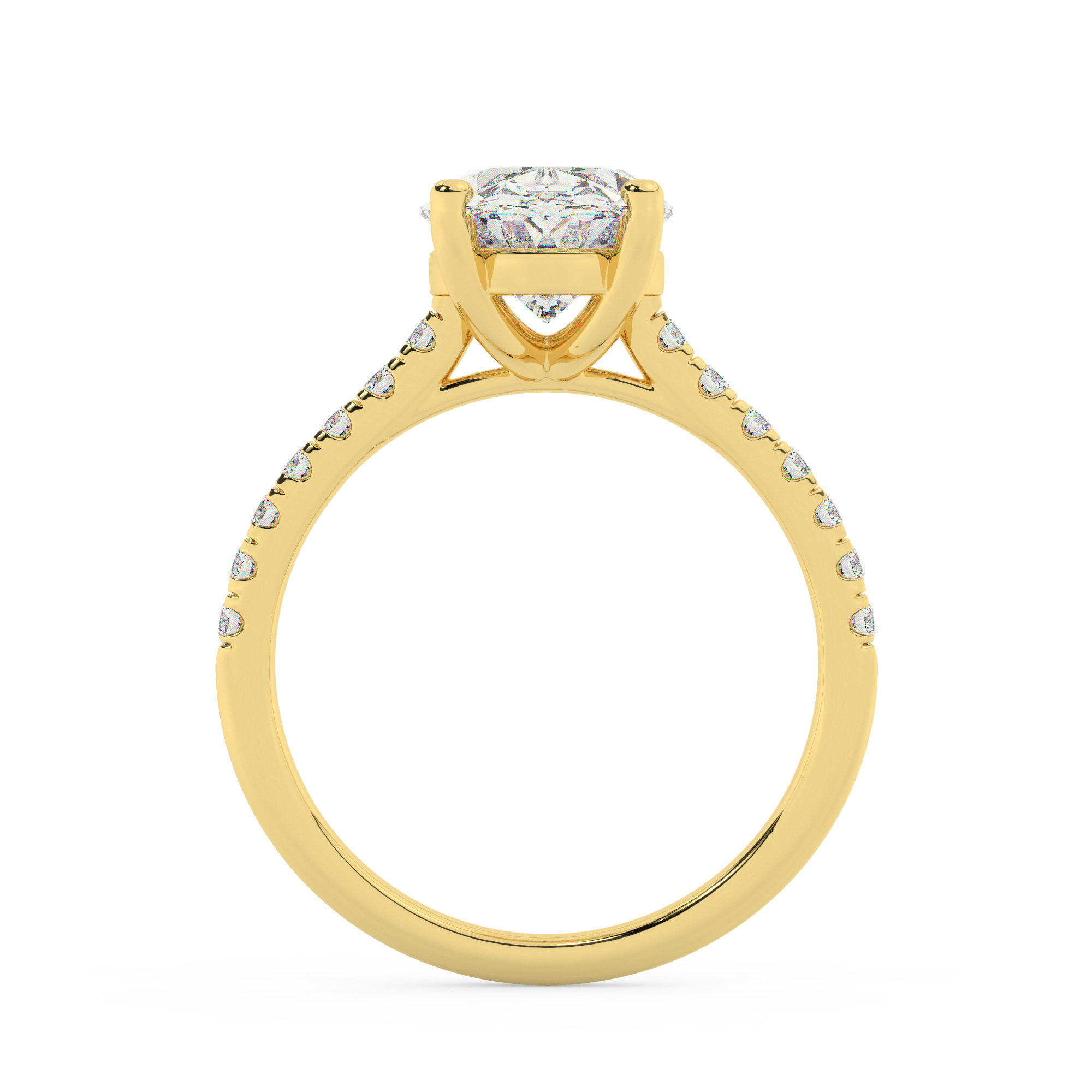 טבעת אירוסין סוליטר ויהלומים בצדדים דגם 50019 כסף מצופה זהב צהוב במרכז אבן מעבדה מוסונייט 5 קראט בחיתוך אובל עם תעודה גמולוגית בינלאומית GRA מסביב ובצדדים אבני מעבדה מוסונייט במשקל כולל של 0.28 קראט בחיתוך עגול – תמונה 3