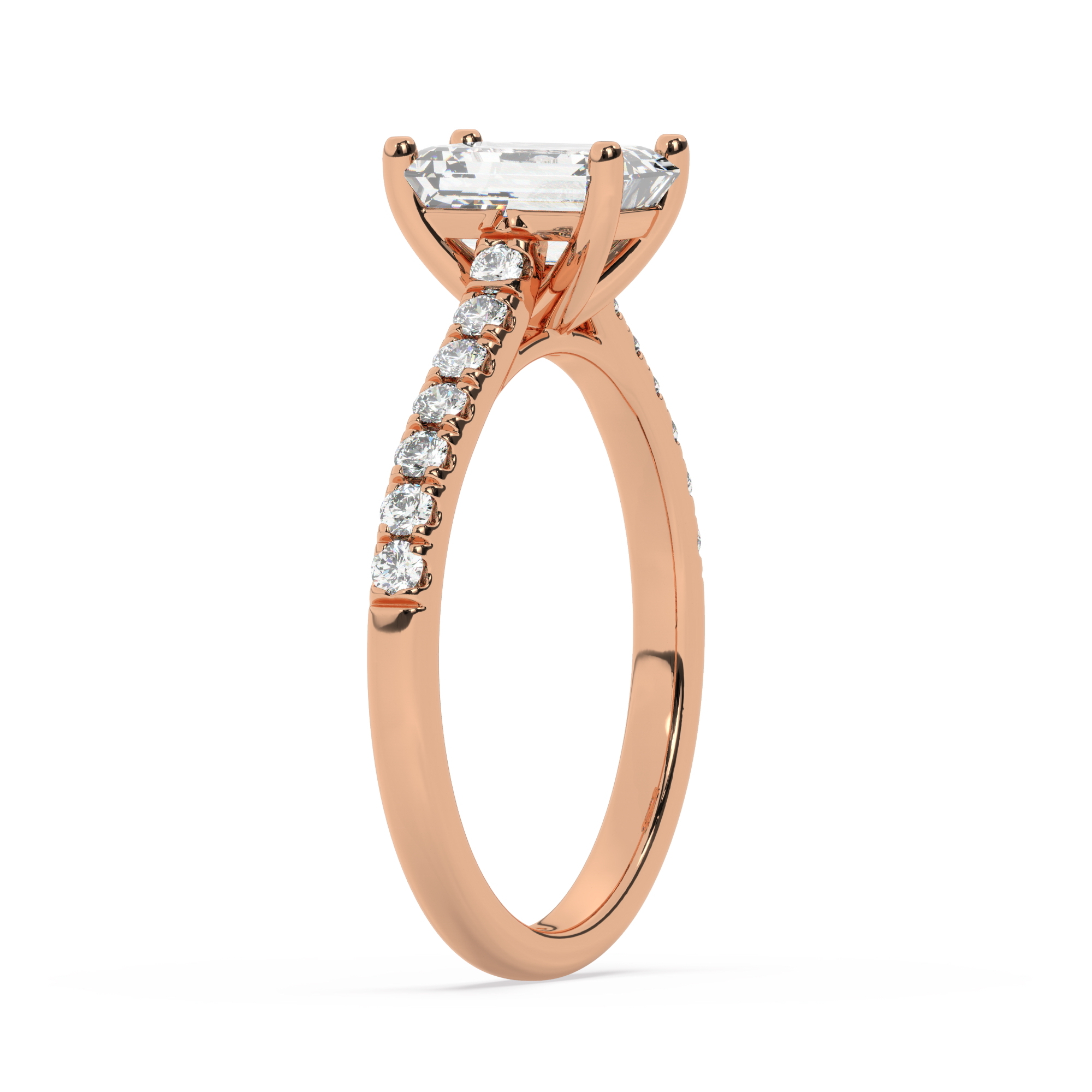 טבעת אירוסין סוליטר ויהלומים בצדדים דגם 50019 כסף מצופה זהב אדום רוזגולד במרכז יהלום מעבדה 1.50 קראט בחיתוך אמרלד עם תעודה גמולוגית אירופאית IGI מסביב ובצדדים יהלומי מעבדה במשקל כולל של 0.28 קראט בחיתוך עגול – תמונה 4