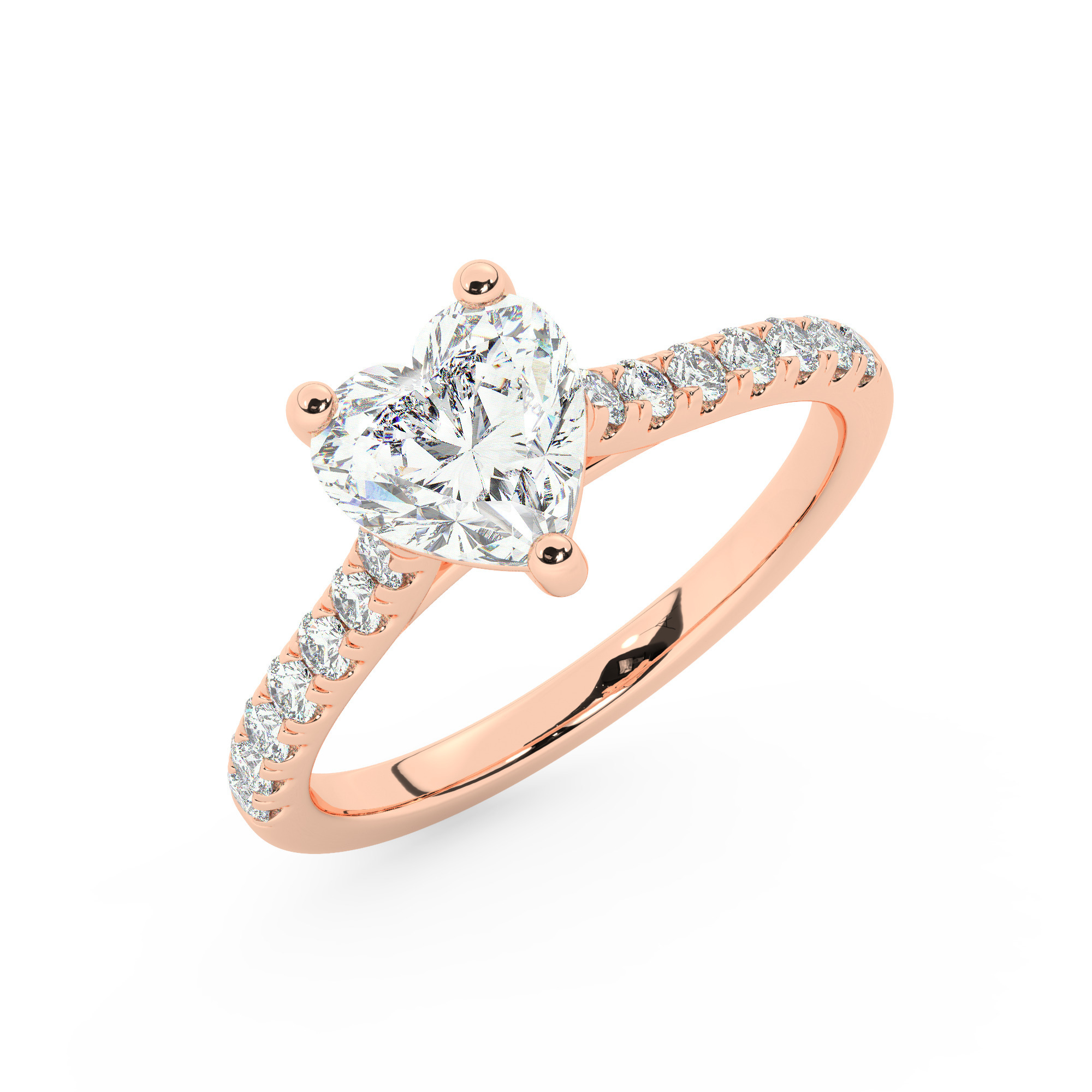 טבעת אירוסין סוליטר ויהלומים בצדדים דגם 50019 כסף מצופה זהב אדום רוזגולד במרכז יהלום מעבדה 2.50 קראט בחיתוך לב עם תעודה גמולוגית אירופאית IGI מסביב ובצדדים יהלומי מעבדה במשקל כולל של 0.28 קראט בחיתוך עגול