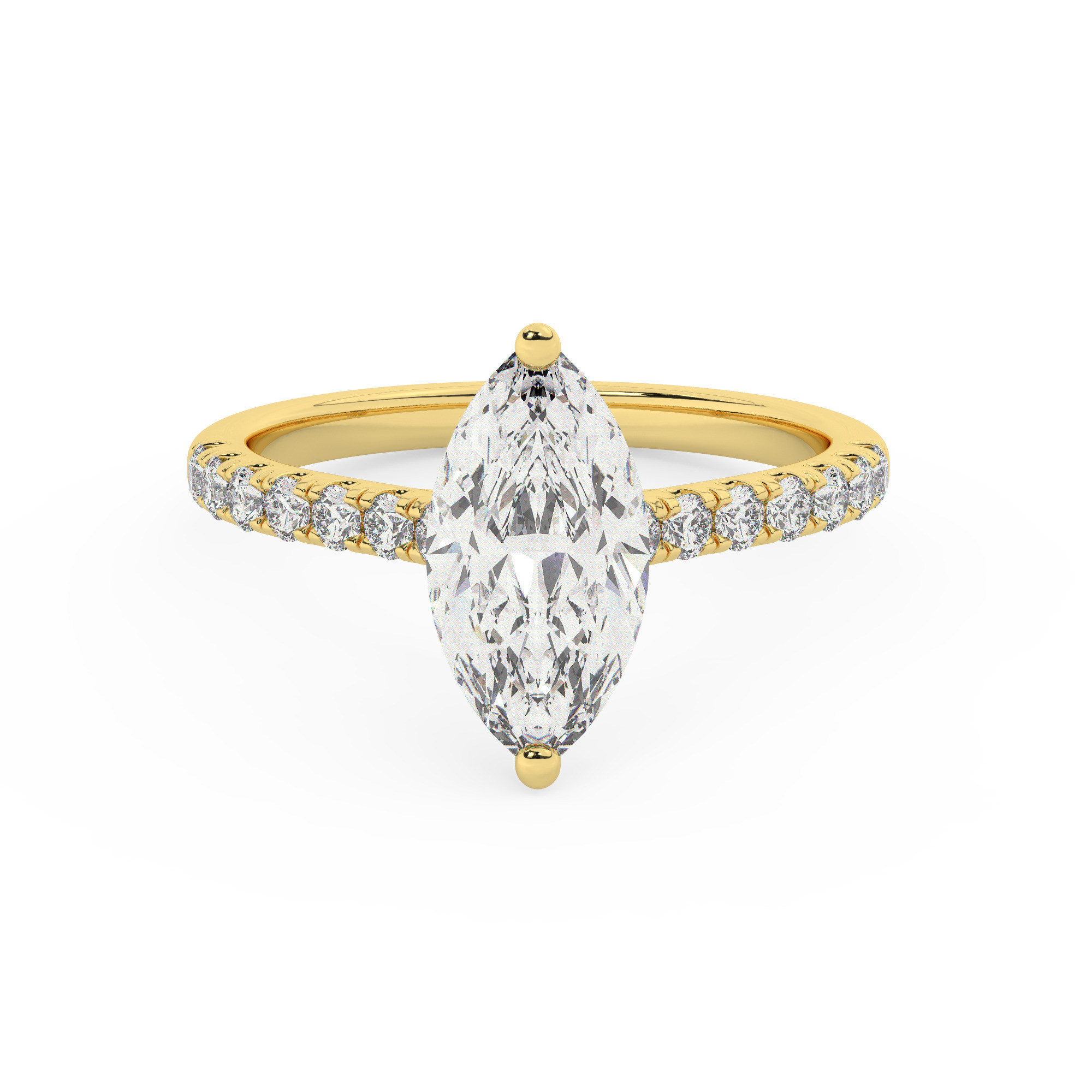 טבעת אירוסין סוליטר ויהלומים בצדדים דגם 50019 כסף מצופה זהב צהוב במרכז יהלום מעבדה 2 קראט בחיתוך מרקיזה עם תעודה גמולוגית אירופאית IGI מסביב ובצדדים יהלומי מעבדה במשקל כולל של 0.28 קראט בחיתוך עגול – תמונה 2