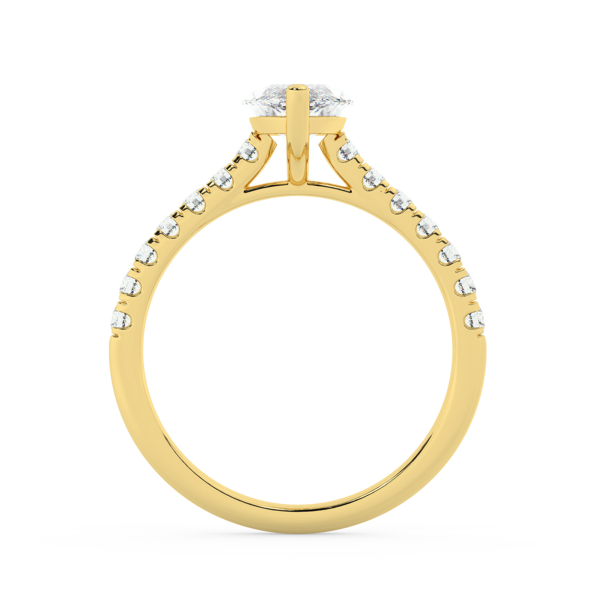 טבעת אירוסין סוליטר ויהלומים בצדדים דגם 50019 כסף מצופה זהב צהוב במרכז אבן מעבדה מוסונייט 5 קראט בחיתוך מרקיזה עם תעודה גמולוגית בינלאומית GRA מסביב ובצדדים אבני מעבדה מוסונייט במשקל כולל של 0.28 קראט בחיתוך עגול – תמונה 3