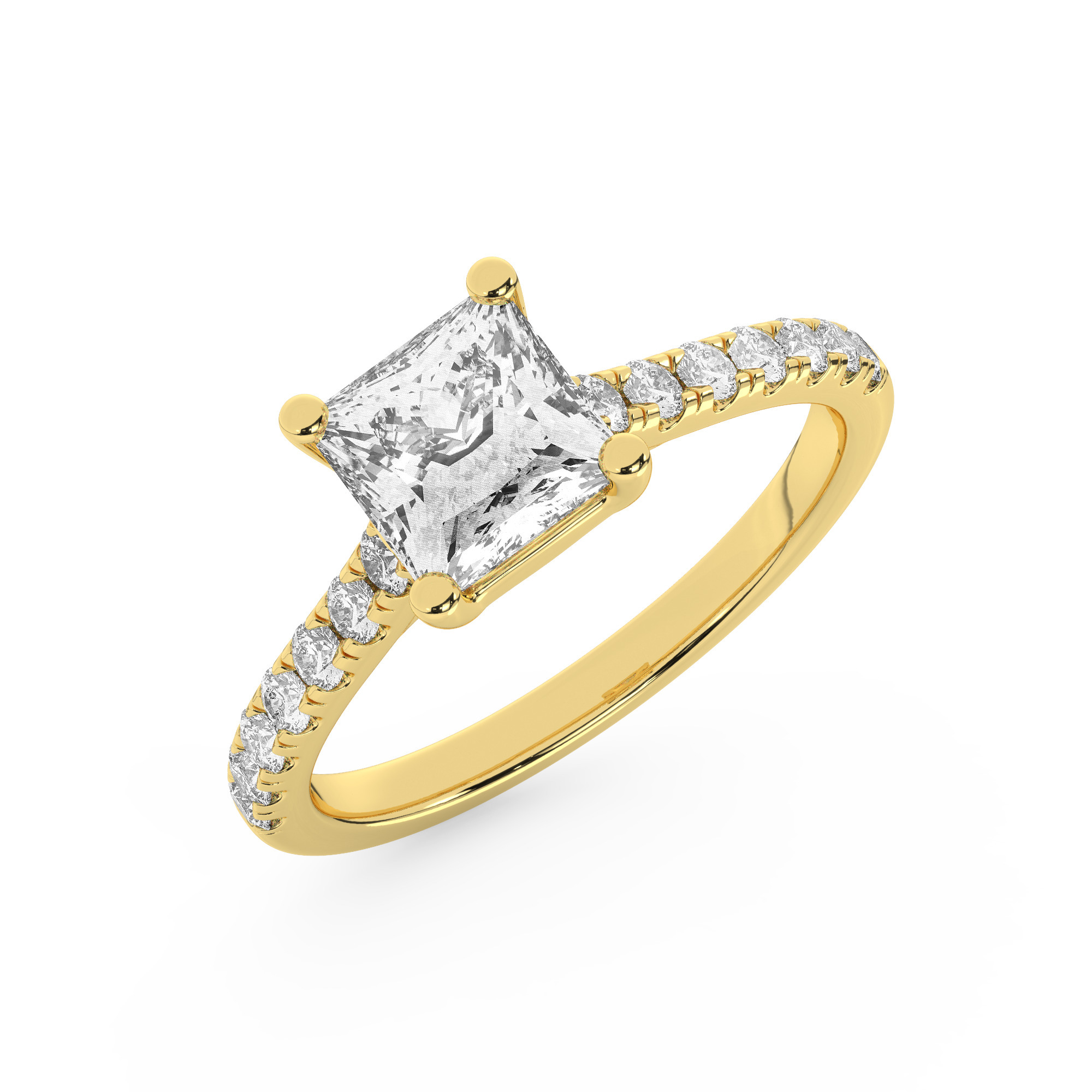 טבעת אירוסין סוליטר ויהלומים בצדדים דגם 50019 כסף מצופה זהב צהוב במרכז יהלום מעבדה 4 קראט בחיתוך פרינסס עם תעודה גמולוגית אירופאית IGI מסביב ובצדדים יהלומי מעבדה במשקל כולל של 0.28 קראט בחיתוך עגול