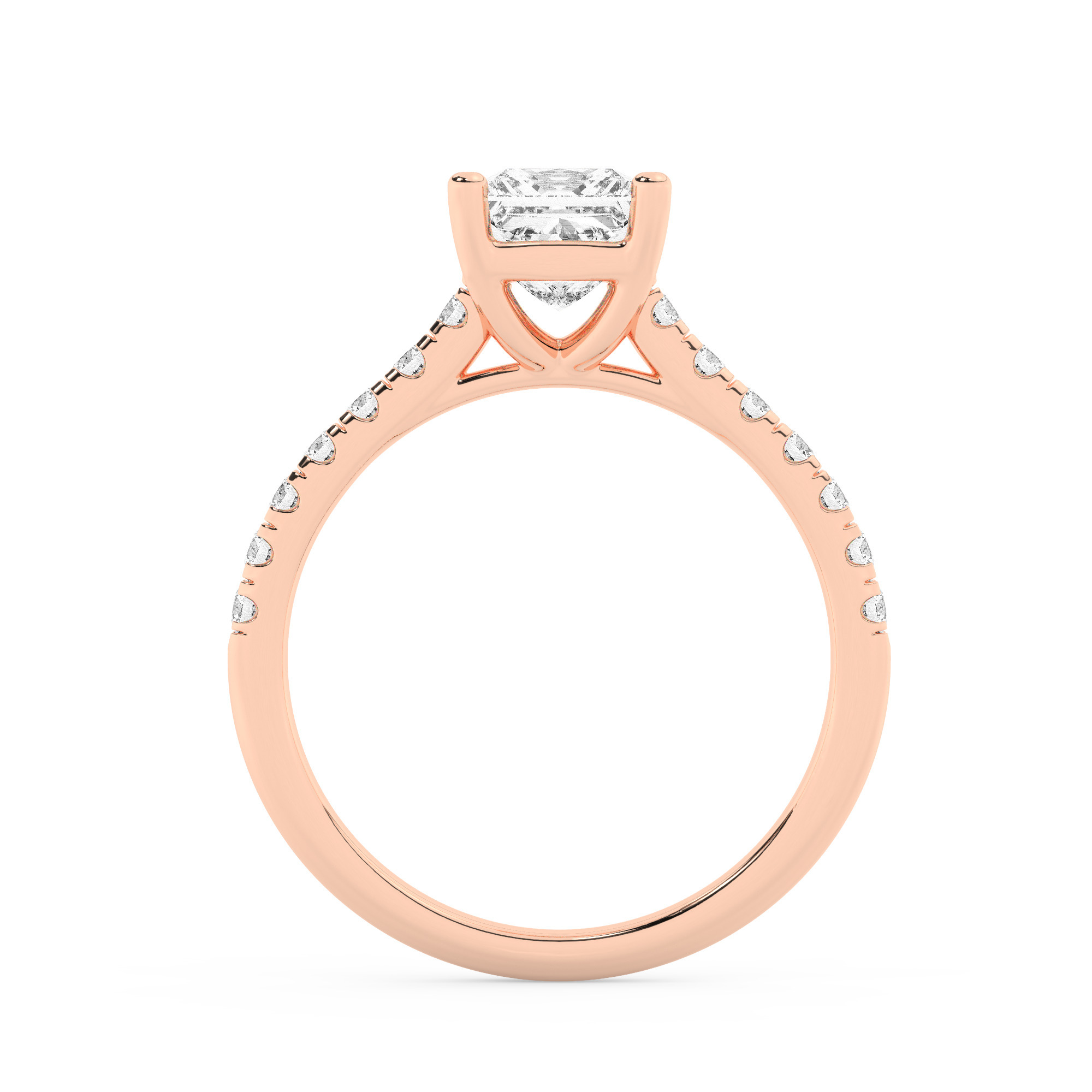 טבעת אירוסין סוליטר ויהלומים בצדדים דגם 50019 כסף מצופה זהב אדום רוזגולד במרכז אבן מעבדה מוסונייט 0.50 קראט בחיתוך פרינסס עם תעודה גמולוגית מסביב ובצדדים אבני מעבדה מוסונייט במשקל כולל של 0.28 קראט בחיתוך עגול – תמונה 3