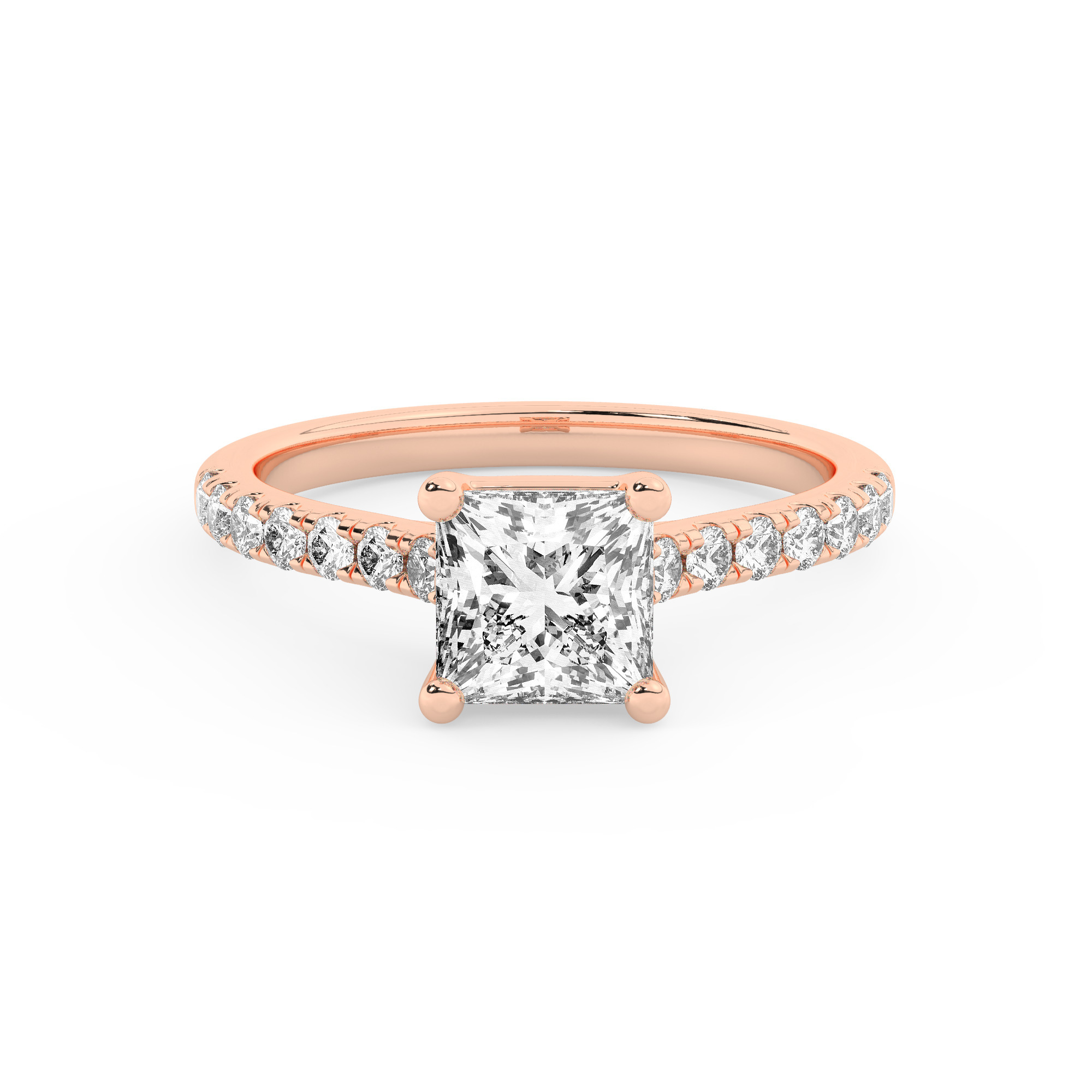 טבעת אירוסין סוליטר ויהלומים בצדדים דגם 50019 כסף מצופה זהב אדום רוזגולד במרכז אבן מעבדה מוסונייט 0.50 קראט בחיתוך פרינסס עם תעודה גמולוגית מסביב ובצדדים אבני מעבדה מוסונייט במשקל כולל של 0.28 קראט בחיתוך עגול – תמונה 2