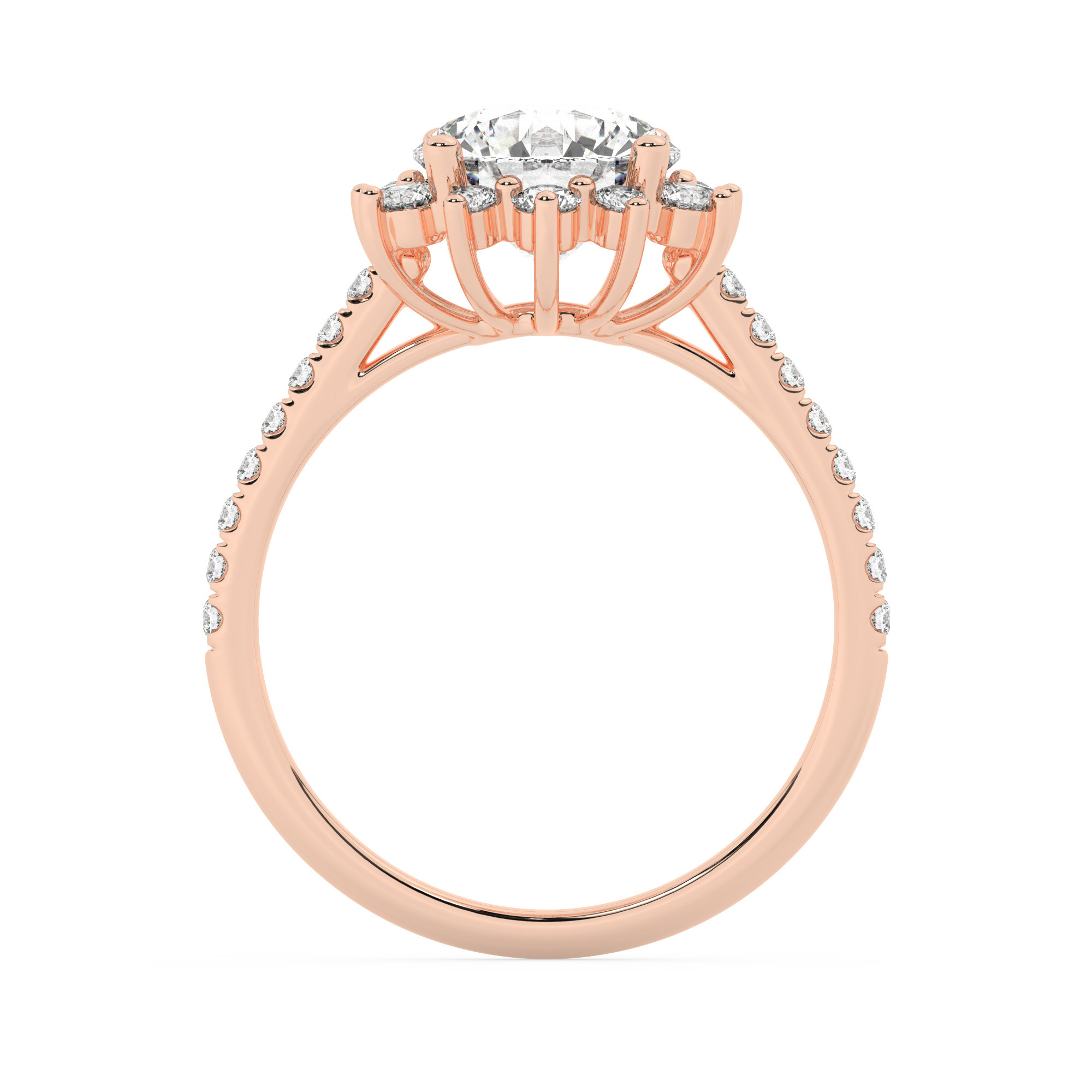 טבעת אירוסין היילו דגם 50024 כסף מצופה זהב אדום רוזגולד במרכז אבן מעבדה מוסונייט 2.50 קראט בחיתוך עגול עם תעודה גמולוגית בינלאומית GRA מסביב ובצדדים אבני מעבדה מוסונייט במשקל כולל של 0.39 קראט בחיתוך עגול – תמונה 3