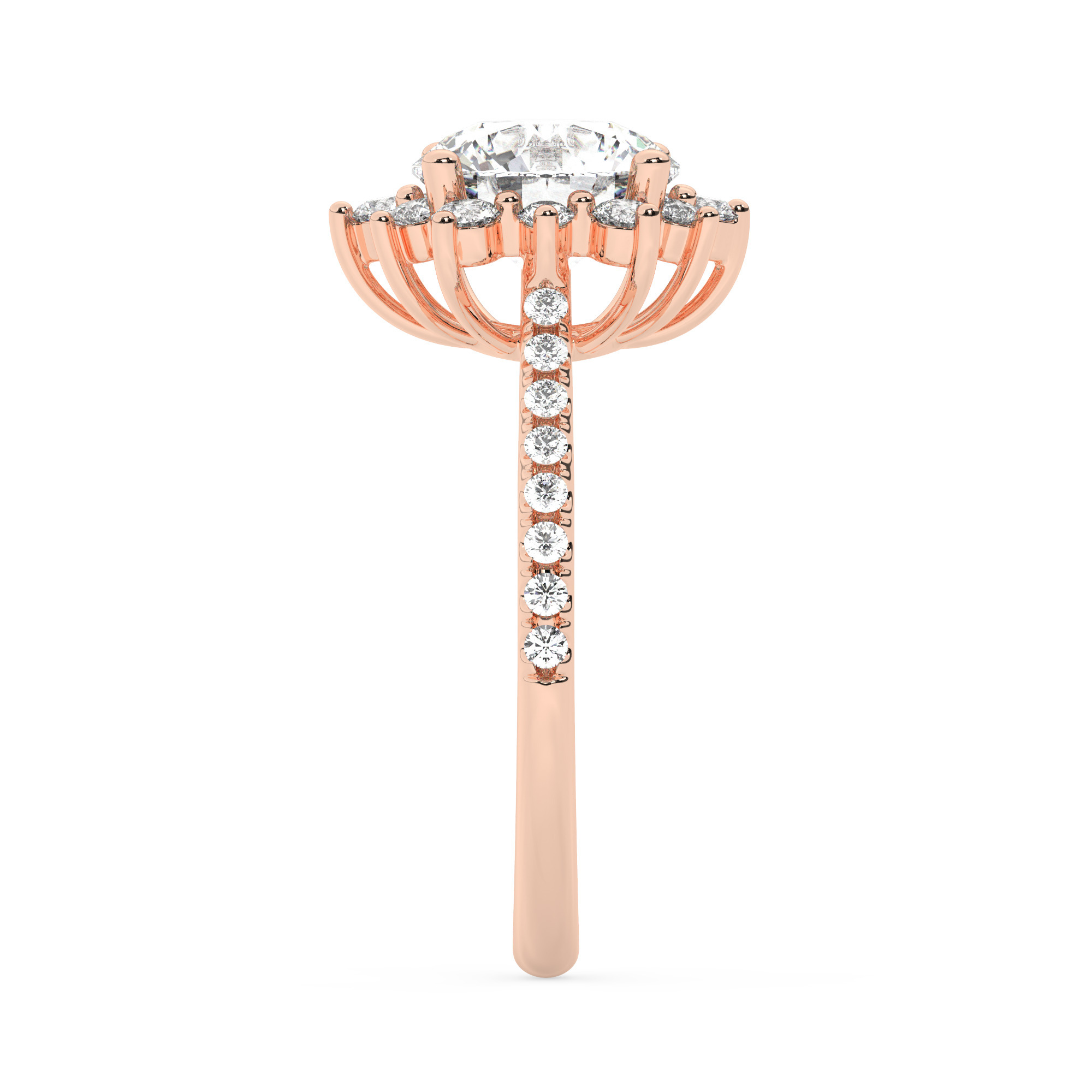 טבעת אירוסין היילו דגם 50024 כסף מצופה זהב אדום רוזגולד במרכז אבן מעבדה מוסונייט 2.50 קראט בחיתוך עגול עם תעודה גמולוגית בינלאומית GRA מסביב ובצדדים אבני מעבדה מוסונייט במשקל כולל של 0.39 קראט בחיתוך עגול – תמונה 4