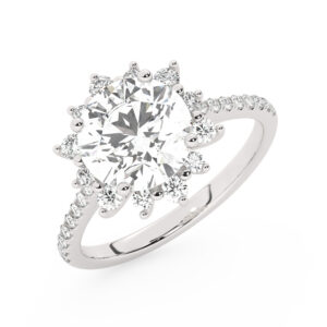 טבעת אירוסין היילו דגם 50024 כסף מצופה זהב לבן במרכז אבן מעבדה מוסונייט 4 קראט בחיתוך עגול עם תעודה גמולוגית בינלאומית GRA מסביב ובצדדים אבני מעבדה מוסונייט במשקל כולל של 0.39 קראט בחיתוך עגול