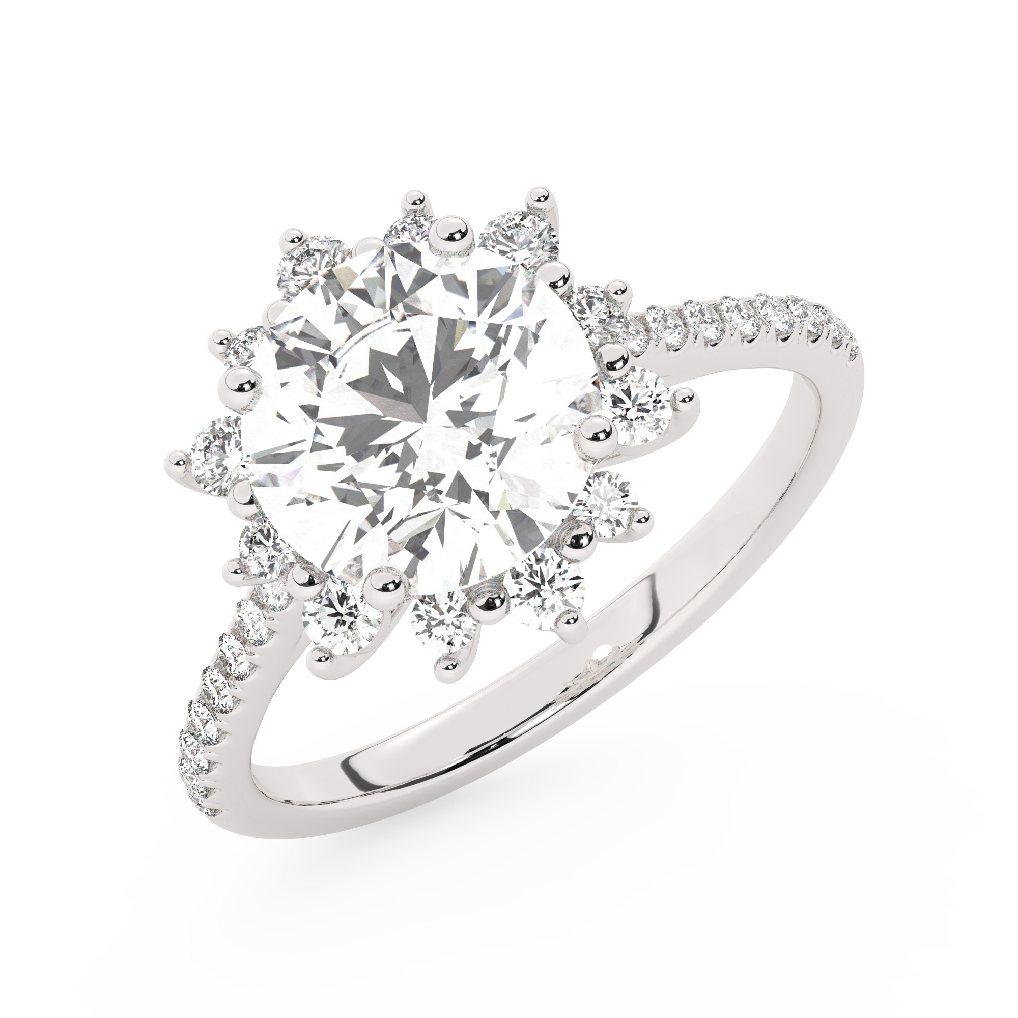 טבעת אירוסין היילו דגם 50024 כסף מצופה זהב לבן במרכז אבן מעבדה מוסונייט 4 קראט בחיתוך עגול עם תעודה גמולוגית בינלאומית GRA מסביב ובצדדים אבני מעבדה מוסונייט במשקל כולל של 0.39 קראט בחיתוך עגול