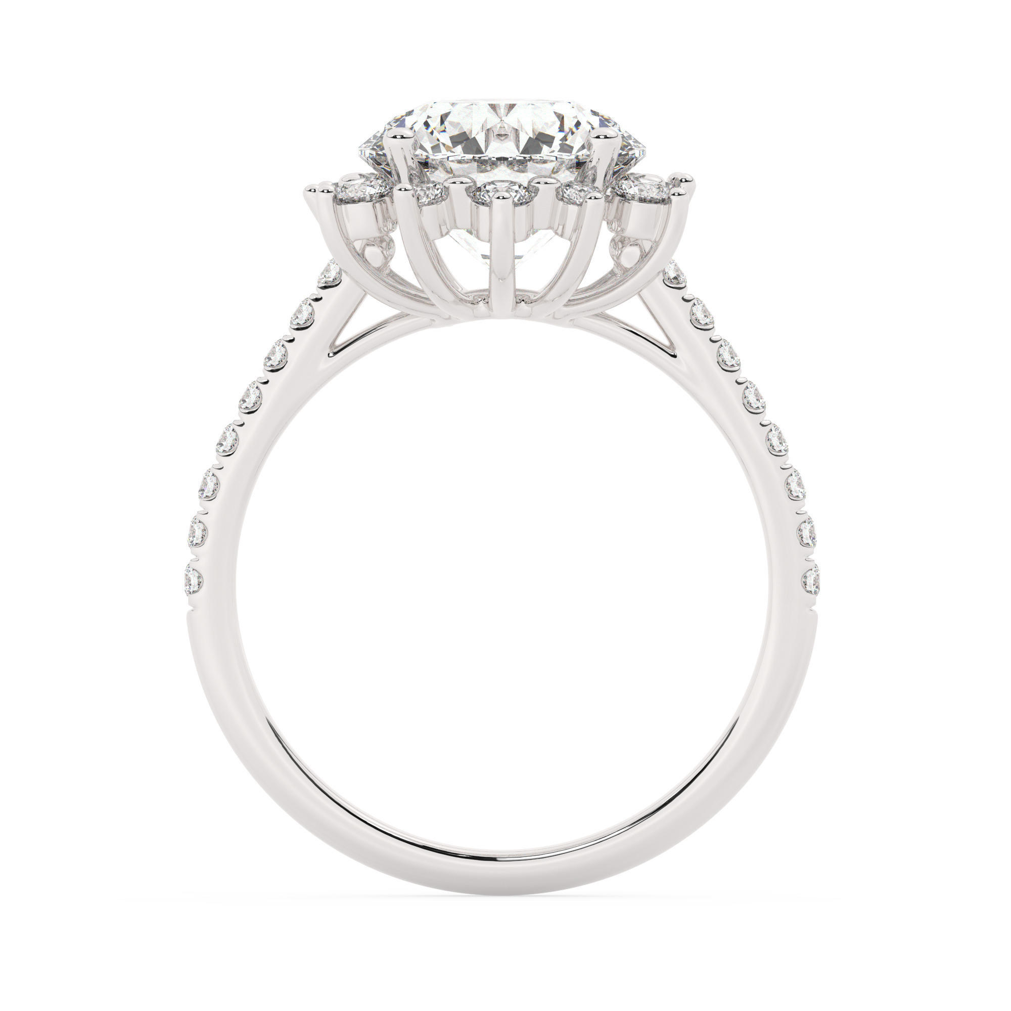 טבעת אירוסין היילו דגם 50024 כסף מצופה זהב לבן במרכז אבן מעבדה מוסונייט 4 קראט בחיתוך עגול עם תעודה גמולוגית בינלאומית GRA מסביב ובצדדים אבני מעבדה מוסונייט במשקל כולל של 0.39 קראט בחיתוך עגול – תמונה 3