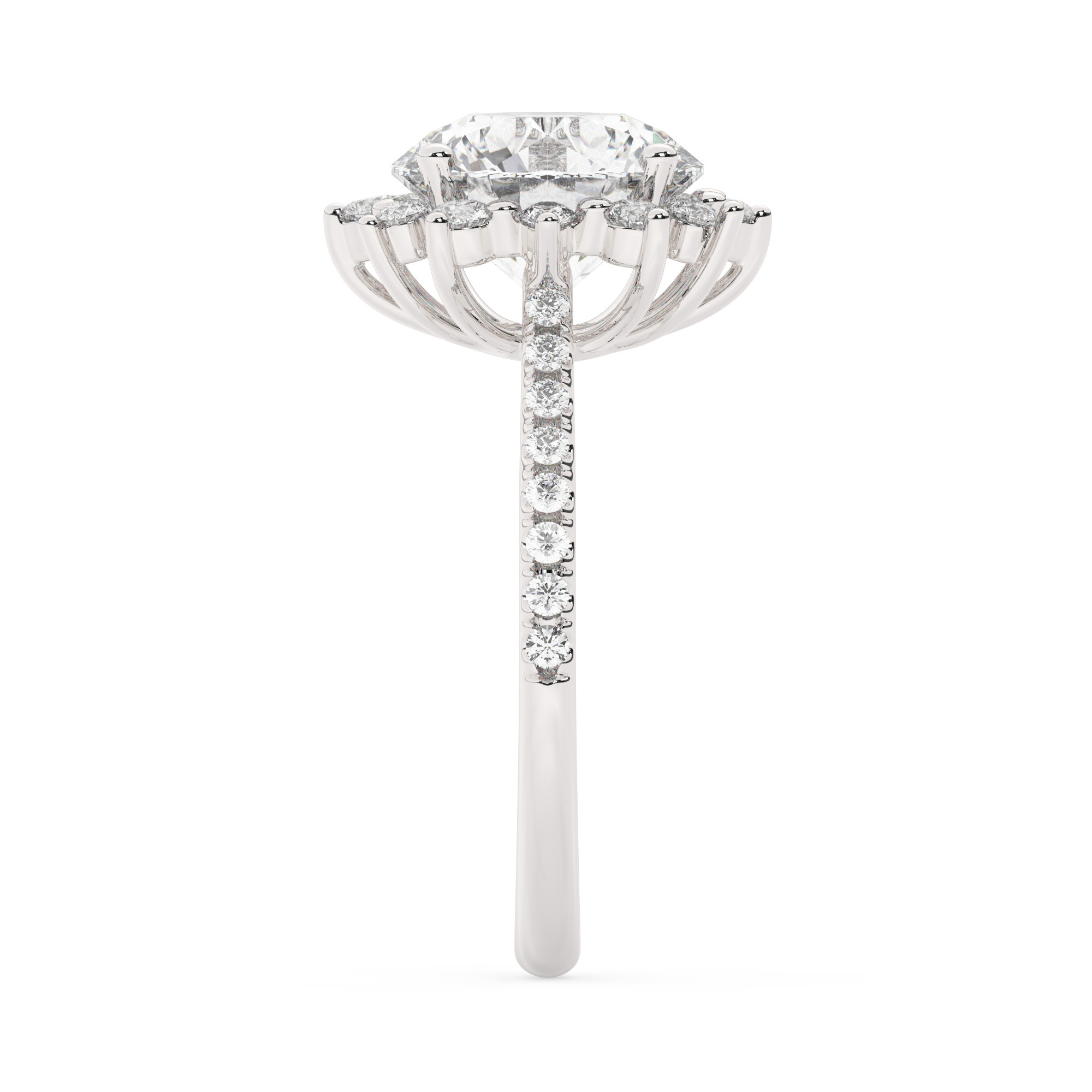 טבעת אירוסין היילו דגם 50024 כסף מצופה זהב לבן במרכז אבן מעבדה מוסונייט 4 קראט בחיתוך עגול עם תעודה גמולוגית בינלאומית GRA מסביב ובצדדים אבני מעבדה מוסונייט במשקל כולל של 0.39 קראט בחיתוך עגול – תמונה 4