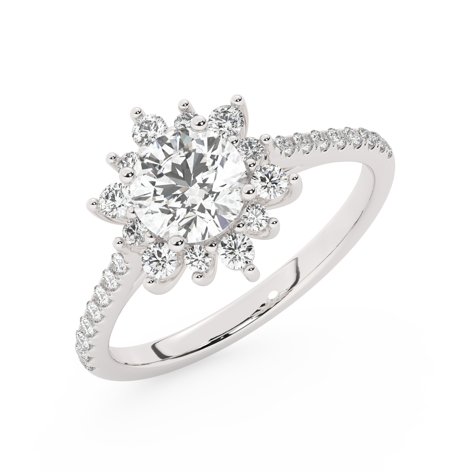 טבעת אירוסין היילו דגם 50024 כסף מצופה זהב לבן במרכז אבן מעבדה מוסונייט 0.50 קראט בחיתוך עגול עם תעודה גמולוגית מסביב ובצדדים אבני מעבדה מוסונייט במשקל כולל של 0.39 קראט בחיתוך עגול