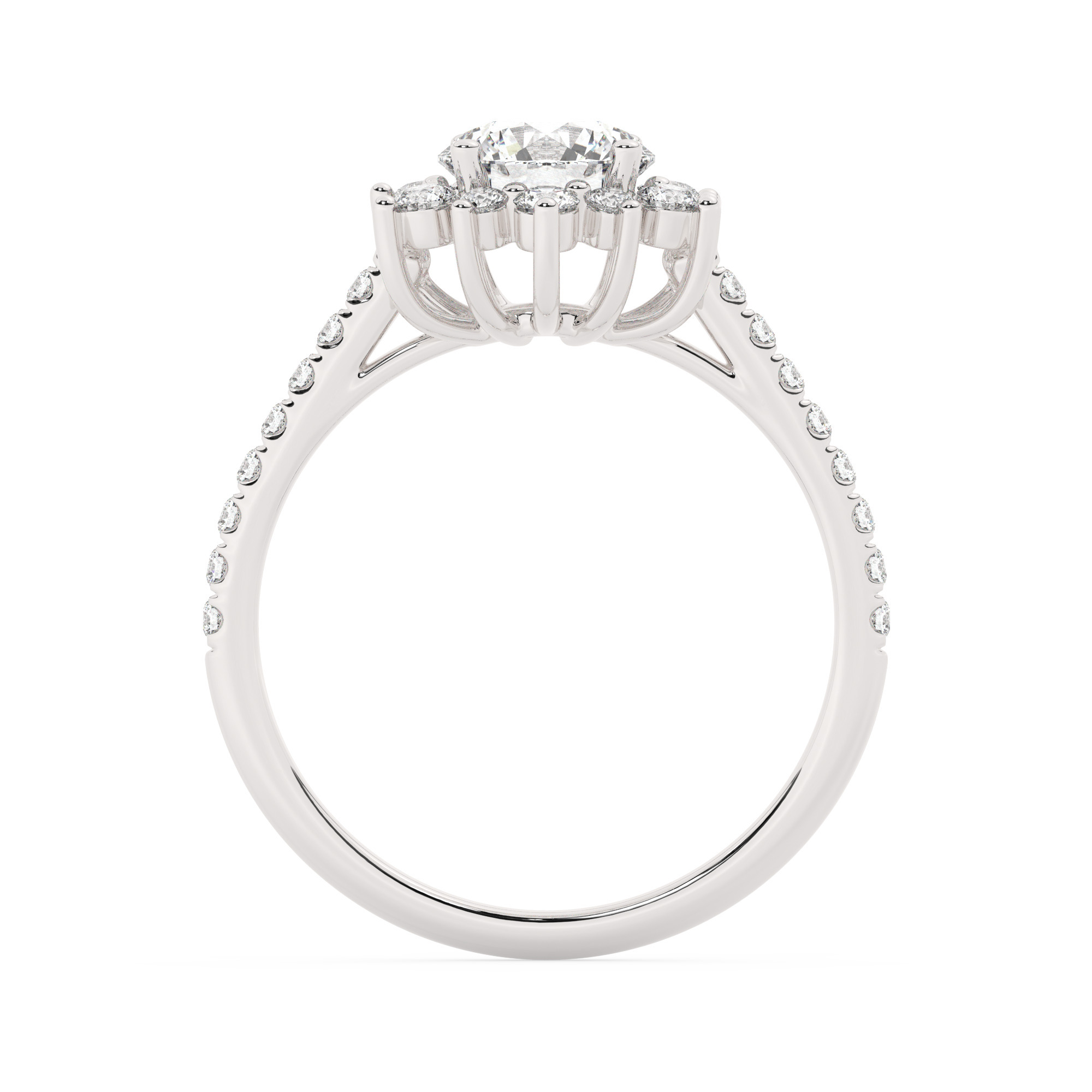 טבעת אירוסין היילו דגם 50024 כסף מצופה זהב לבן במרכז אבן מעבדה מוסונייט 0.50 קראט בחיתוך עגול עם תעודה גמולוגית מסביב ובצדדים אבני מעבדה מוסונייט במשקל כולל של 0.39 קראט בחיתוך עגול – תמונה 3