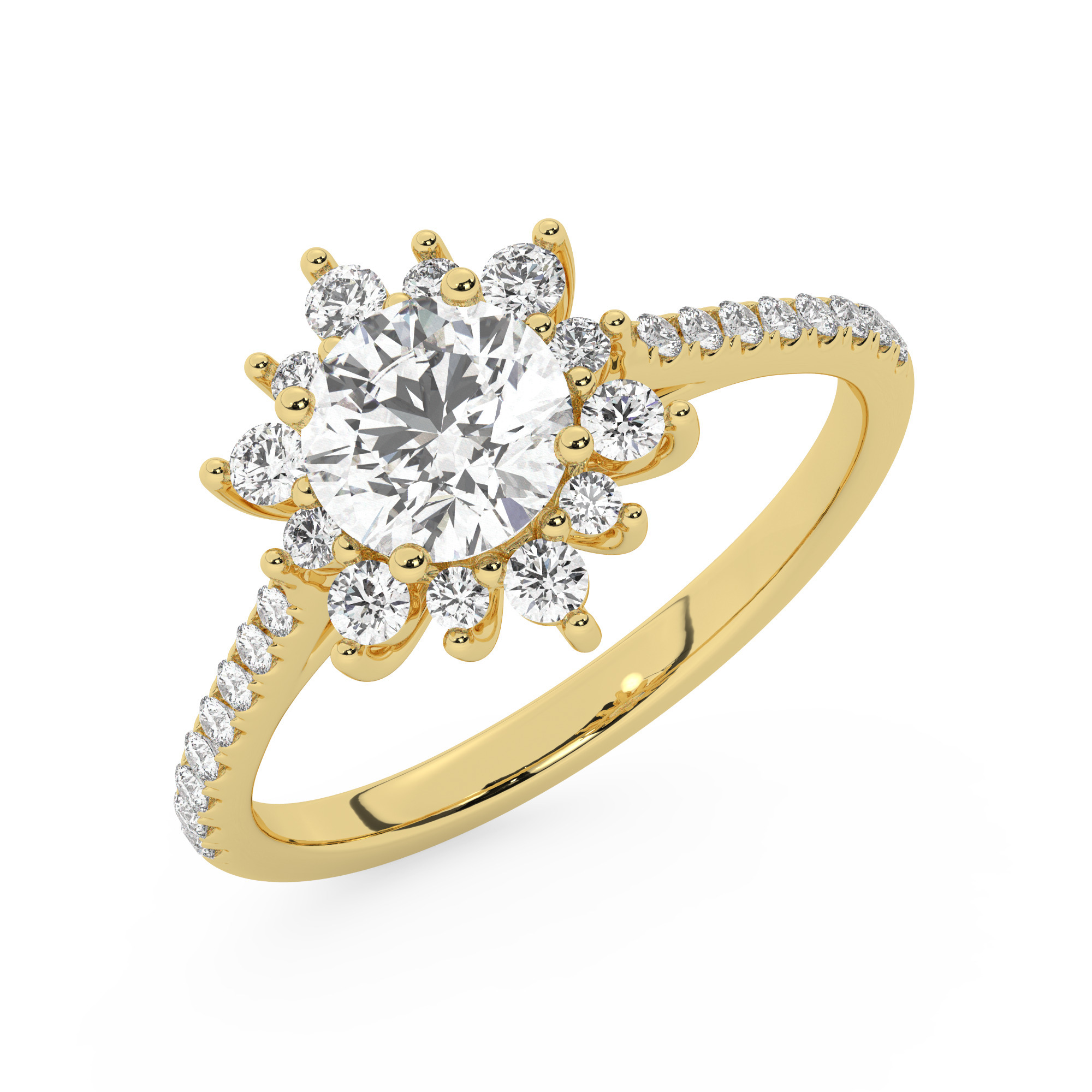 טבעת אירוסין היילו דגם 50024 כסף מצופה זהב צהוב במרכז אבן מעבדה מוסונייט 0.50 קראט בחיתוך עגול עם תעודה גמולוגית מסביב ובצדדים אבני מעבדה מוסונייט במשקל כולל של 0.39 קראט בחיתוך עגול