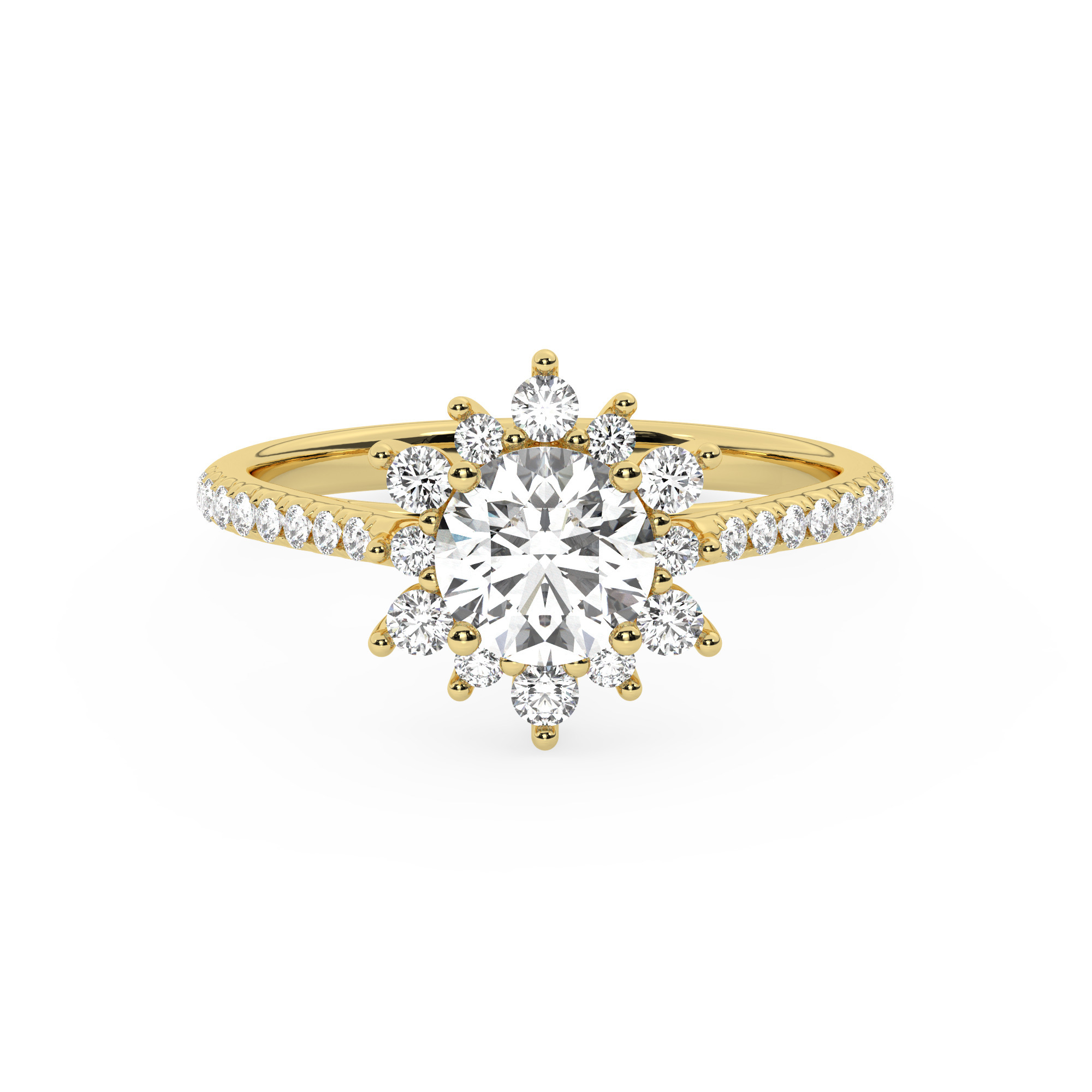 טבעת אירוסין היילו דגם 50024 כסף מצופה זהב צהוב במרכז אבן מעבדה מוסונייט 0.50 קראט בחיתוך עגול עם תעודה גמולוגית מסביב ובצדדים אבני מעבדה מוסונייט במשקל כולל של 0.39 קראט בחיתוך עגול – תמונה 2