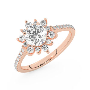 טבעת אירוסין היילו דגם 50024 כסף מצופה זהב אדום רוזגולד במרכז יהלום מעבדה 0.75 קראט בחיתוך עגול עם תעודה גמולוגית מסביב ובצדדים יהלומי מעבדה במשקל כולל של 0.39 קראט בחיתוך עגול