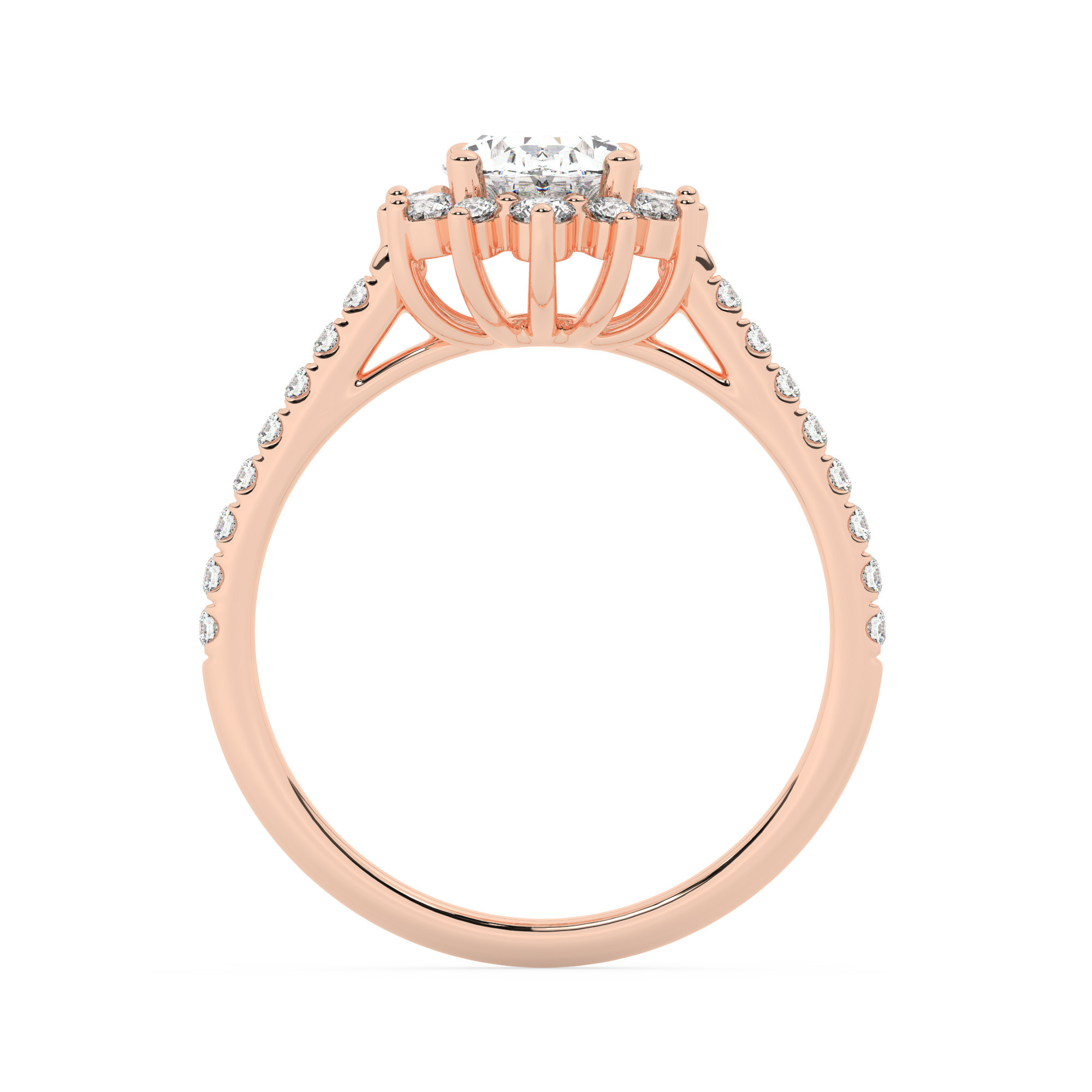 טבעת אירוסין היילו דגם 50024 כסף מצופה זהב אדום רוזגולד במרכז יהלום מעבדה 1 קראט בחיתוך אובל עם תעודה גמולוגית אירופאית IGI מסביב ובצדדים יהלומי מעבדה במשקל כולל של 0.56 קראט בחיתוך עגול – תמונה 3