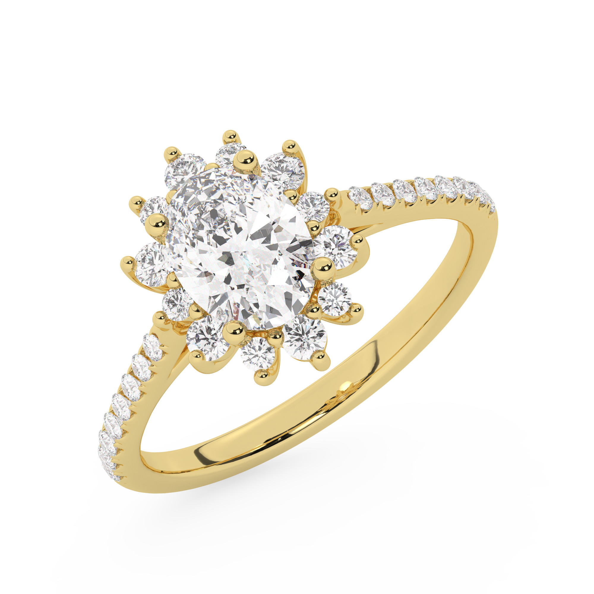 טבעת אירוסין היילו דגם 50024 כסף מצופה זהב צהוב במרכז יהלום מעבדה 1.50 קראט בחיתוך אובל עם תעודה גמולוגית אירופאית IGI מסביב ובצדדים יהלומי מעבדה במשקל כולל של 0.39 קראט בחיתוך עגול