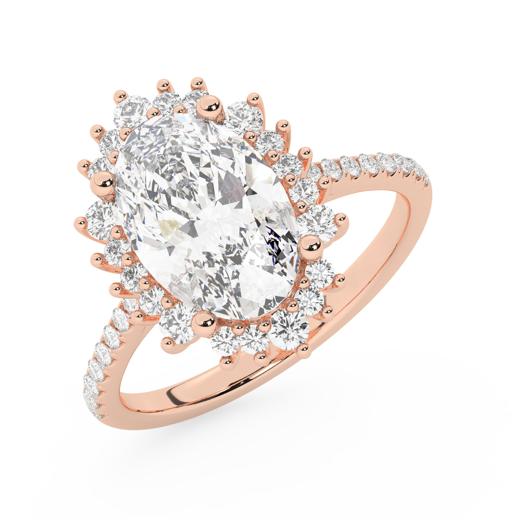 טבעת אירוסין היילו דגם 50024 כסף מצופה זהב אדום רוזגולד במרכז יהלום מעבדה 3 קראט בחיתוך אובל עם תעודה גמולוגית אירופאית IGI מסביב ובצדדים יהלומי מעבדה במשקל כולל של 0.56 קראט בחיתוך עגול