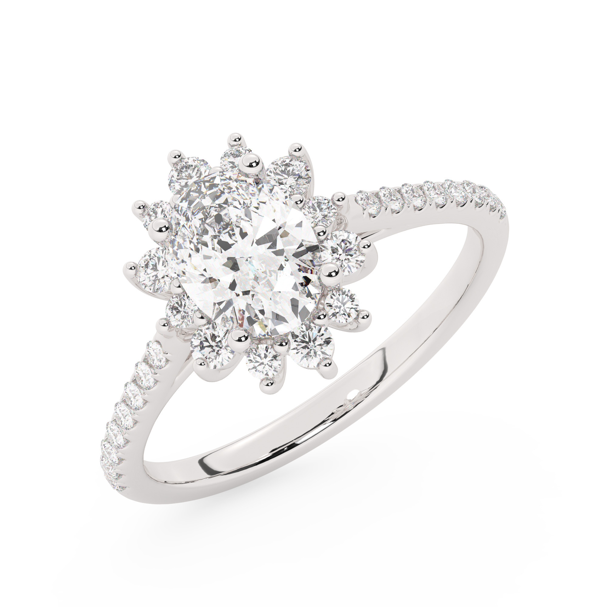 טבעת אירוסין היילו דגם 50024 כסף מצופה זהב לבן במרכז אבן מעבדה מוסונייט 0.50 קראט בחיתוך אובל עם תעודה גמולוגית מסביב ובצדדים אבני מעבדה מוסונייט במשקל כולל של 0.39 קראט בחיתוך עגול