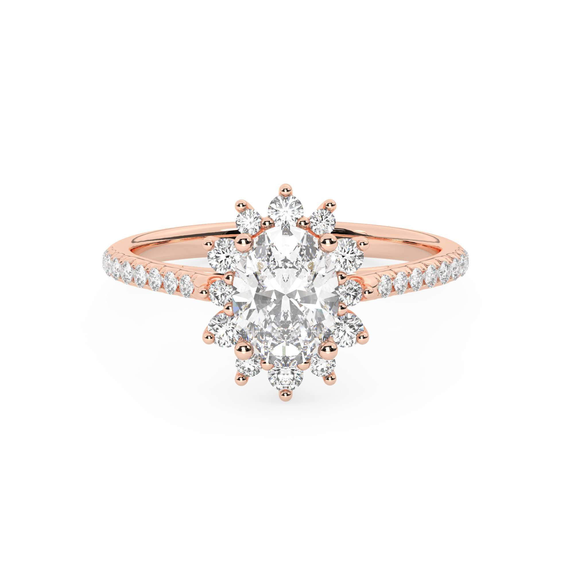 טבעת אירוסין היילו דגם 50024 כסף מצופה זהב אדום רוזגולד במרכז יהלום מעבדה 0.50 קראט בחיתוך אובל עם תעודה גמולוגית מסביב ובצדדים יהלומי מעבדה במשקל כולל של 0.39 קראט בחיתוך עגול – תמונה 2