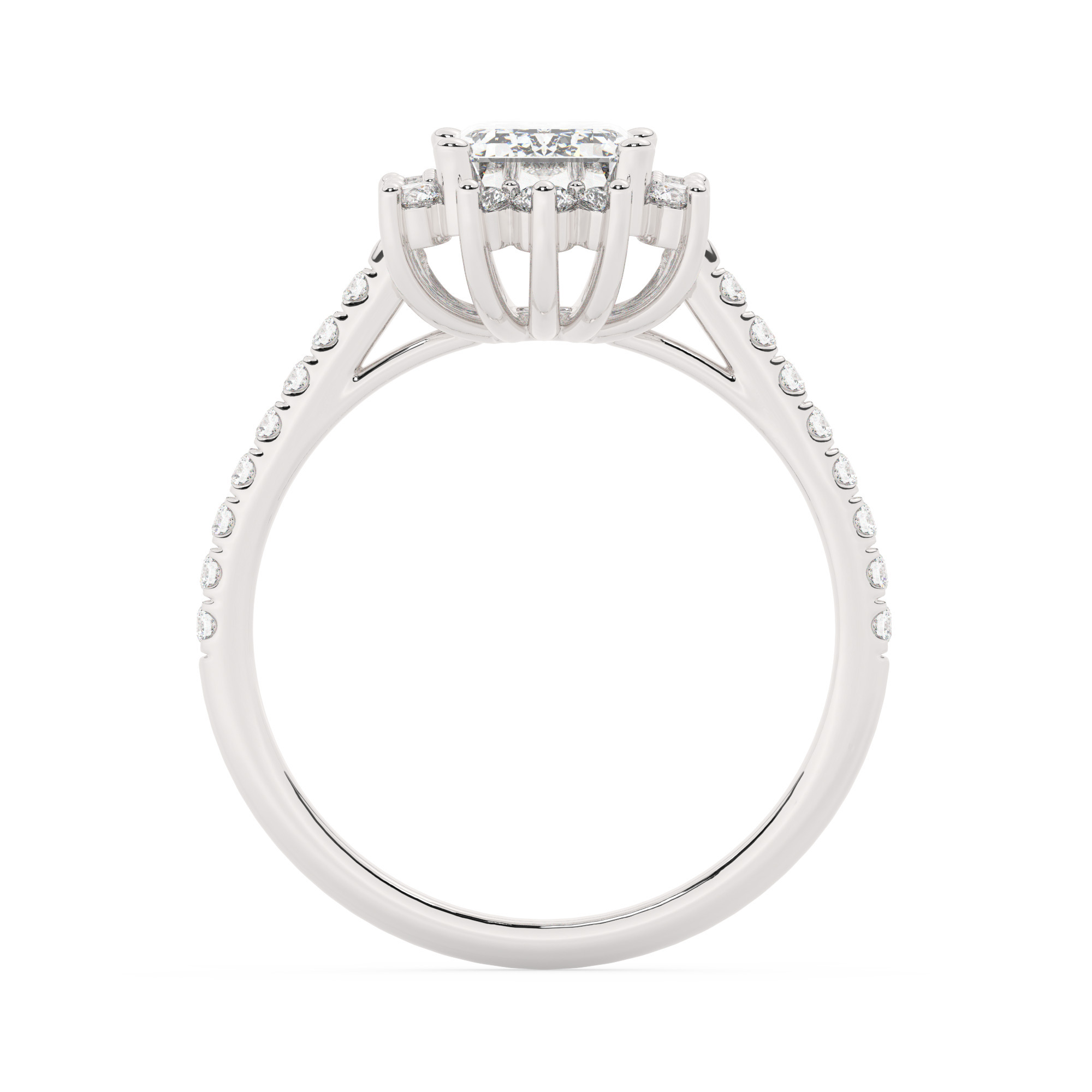 טבעת אירוסין היילו דגם 50024 כסף מצופה זהב לבן במרכז יהלום מעבדה 1.50 קראט בחיתוך אמרלד עם תעודה גמולוגית אירופאית IGI מסביב ובצדדים יהלומי מעבדה במשקל כולל של 0.39 קראט בחיתוך עגול – תמונה 3