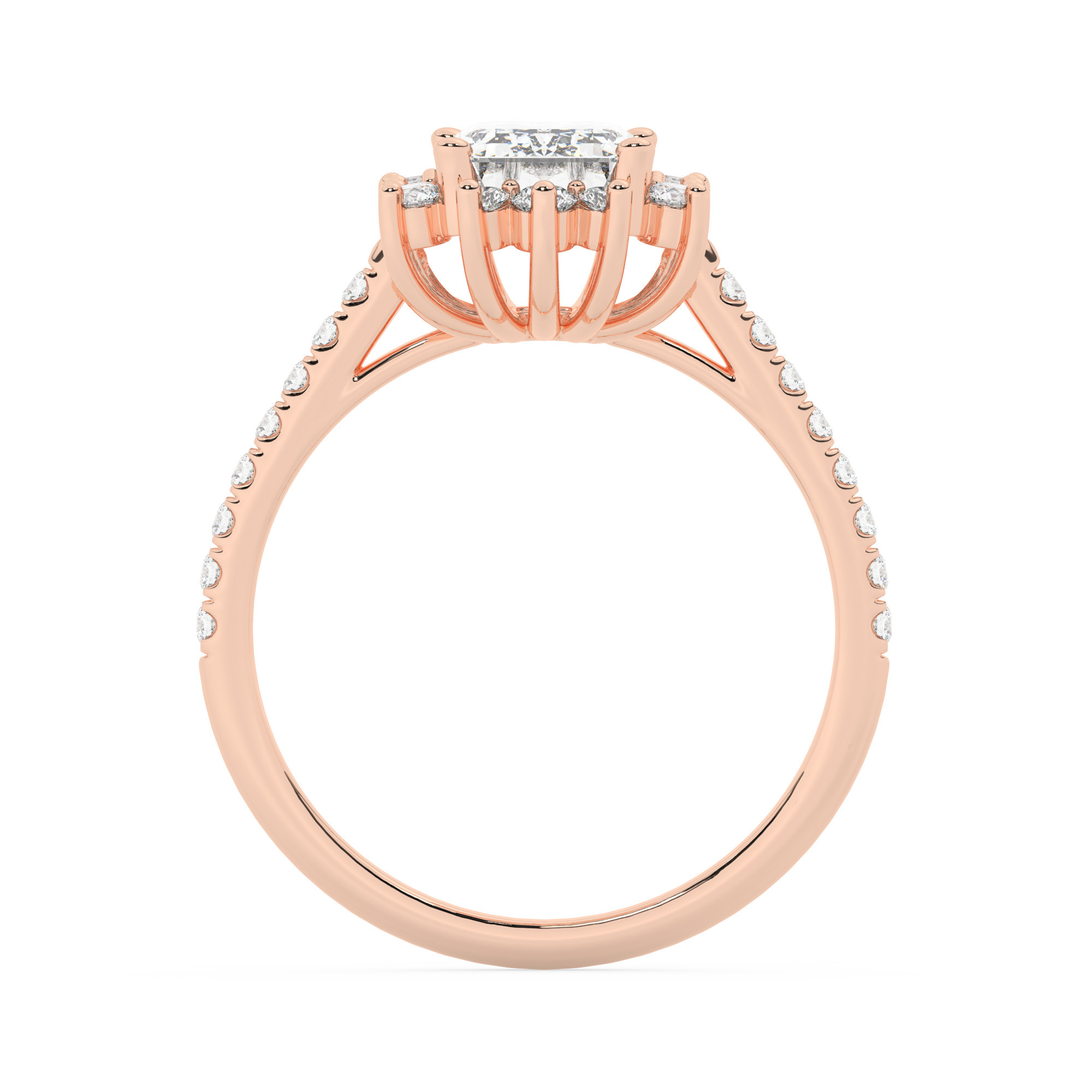 טבעת אירוסין היילו דגם 50024 כסף מצופה זהב אדום רוזגולד במרכז אבן מעבדה מוסונייט 0.75 קראט בחיתוך אמרלד עם תעודה גמולוגית מסביב ובצדדים אבני מעבדה מוסונייט במשקל כולל של 0.39 קראט בחיתוך עגול – תמונה 3