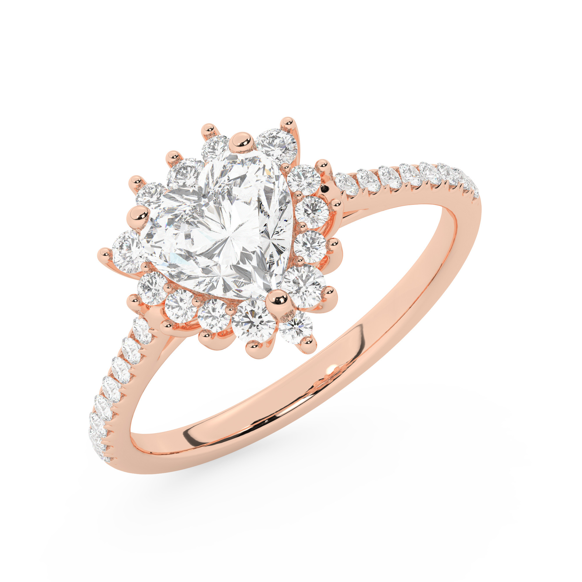 טבעת אירוסין היילו דגם 50024 כסף מצופה זהב אדום רוזגולד במרכז אבן מעבדה מוסונייט 1 קראט בחיתוך לב עם תעודה גמולוגית בינלאומית GRA מסביב ובצדדים אבני מעבדה מוסונייט במשקל כולל של 0.39 קראט בחיתוך עגול