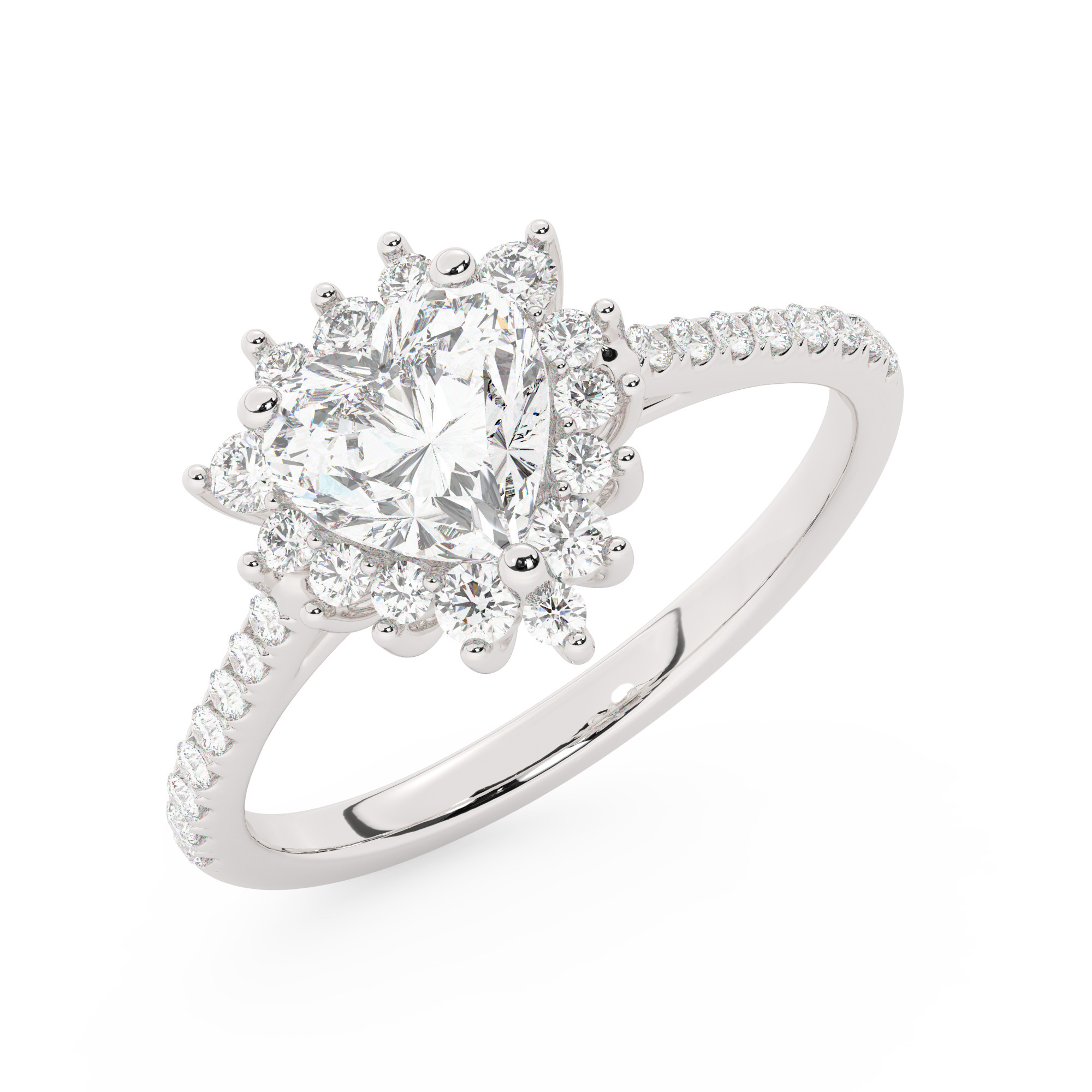 טבעת אירוסין היילו דגם 50024 כסף מצופה זהב לבן במרכז אבן מעבדה מוסונייט 1.50 קראט בחיתוך לב עם תעודה גמולוגית בינלאומית GRA מסביב ובצדדים אבני מעבדה מוסונייט במשקל כולל של 0.39 קראט בחיתוך עגול