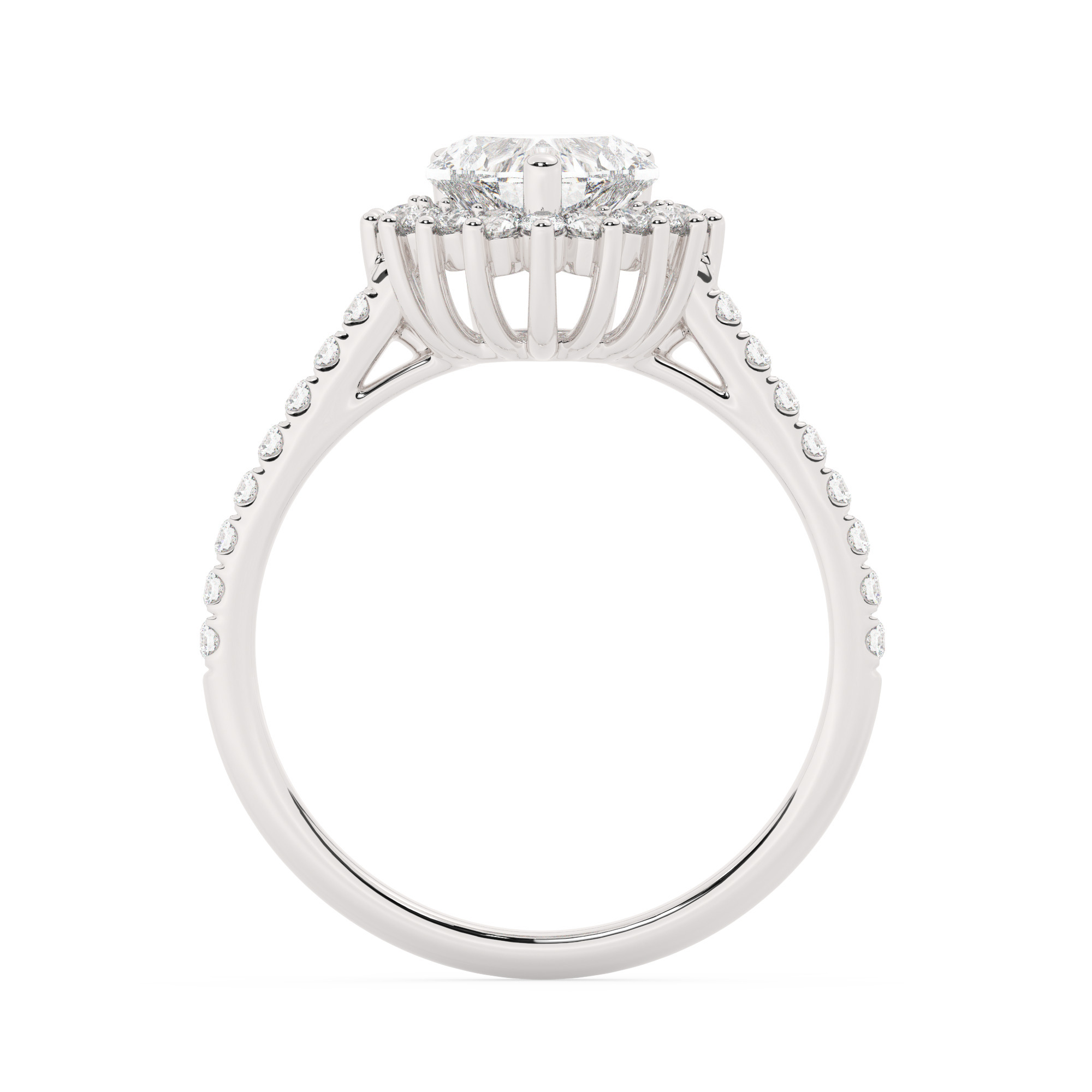 טבעת אירוסין היילו דגם 50024 כסף מצופה זהב לבן במרכז אבן מעבדה מוסונייט 1.50 קראט בחיתוך לב עם תעודה גמולוגית בינלאומית GRA מסביב ובצדדים אבני מעבדה מוסונייט במשקל כולל של 0.39 קראט בחיתוך עגול – תמונה 3