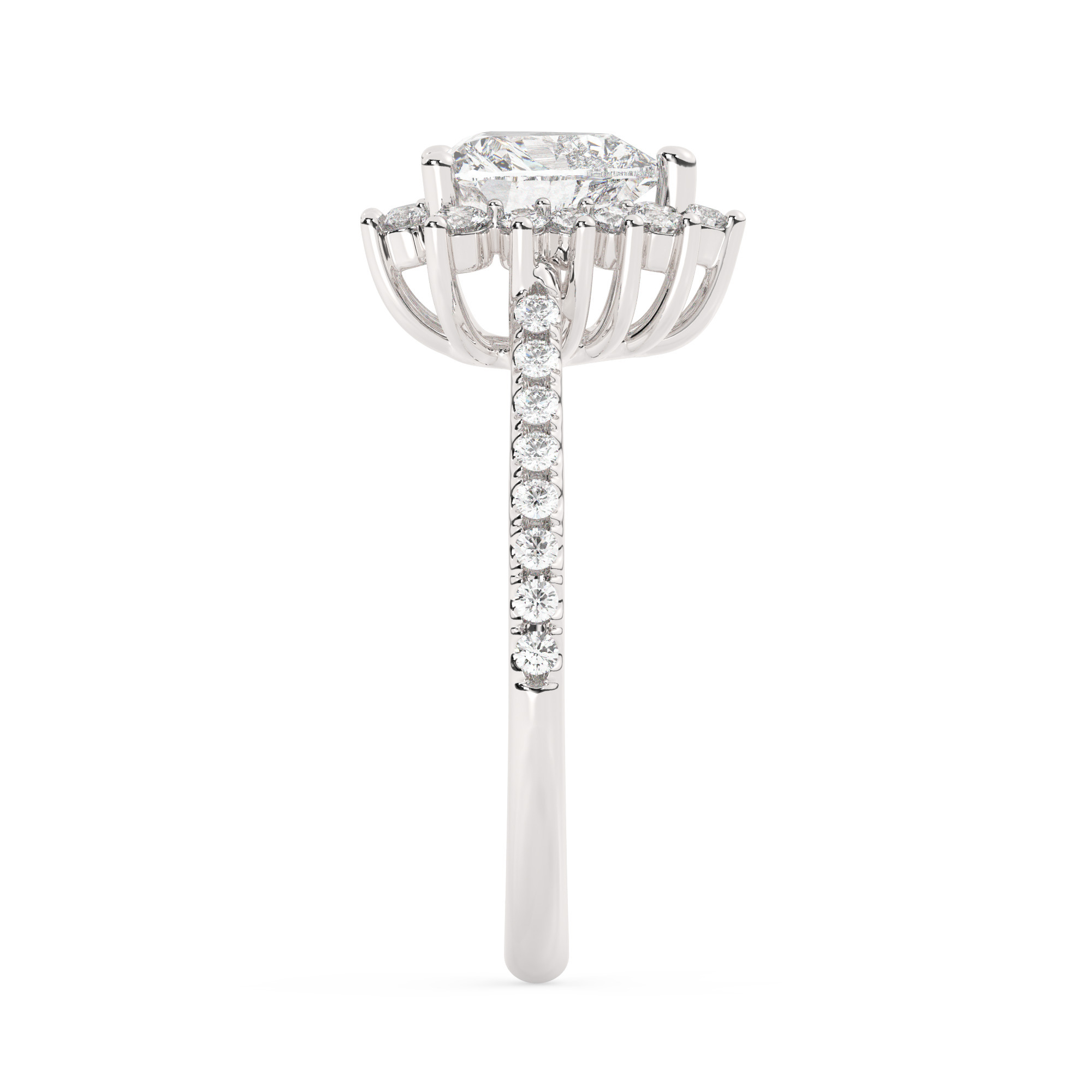 טבעת אירוסין היילו דגם 50024 כסף מצופה זהב לבן במרכז אבן מעבדה מוסונייט 1.50 קראט בחיתוך לב עם תעודה גמולוגית בינלאומית GRA מסביב ובצדדים אבני מעבדה מוסונייט במשקל כולל של 0.39 קראט בחיתוך עגול – תמונה 4