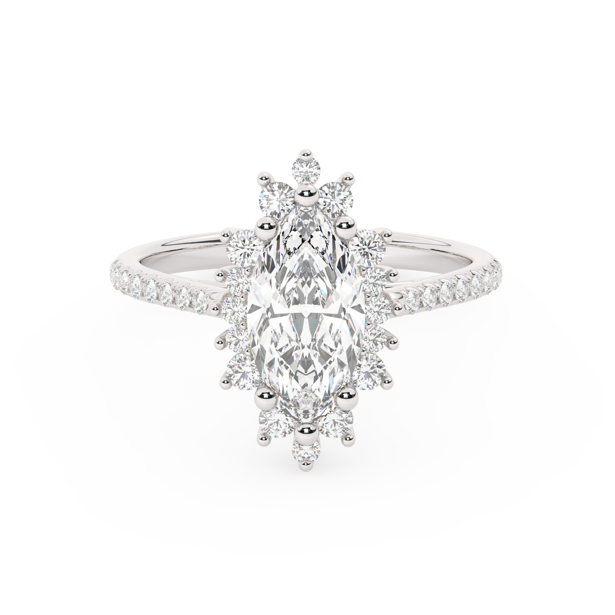 טבעת אירוסין היילו דגם 50024 כסף מצופה זהב לבן במרכז יהלום מעבדה 1 קראט בחיתוך מרקיזה עם תעודה גמולוגית אירופאית IGI מסביב ובצדדים יהלומי מעבדה במשקל כולל של 0.39 קראט בחיתוך עגול – תמונה 2