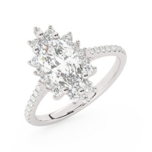 טבעת אירוסין היילו דגם 50024 כסף מצופה זהב לבן במרכז אבן מעבדה מוסונייט 1.50 קראט בחיתוך מרקיזה עם תעודה גמולוגית בינלאומית GRA מסביב ובצדדים אבני מעבדה מוסונייט במשקל כולל של 0.39 קראט בחיתוך עגול