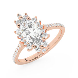 טבעת אירוסין היילו דגם 50024 כסף מצופה זהב אדום רוזגולד במרכז אבן מעבדה מוסונייט 4 קראט בחיתוך מרקיזה עם תעודה גמולוגית בינלאומית GRA מסביב ובצדדים אבני מעבדה מוסונייט במשקל כולל של 0.39 קראט בחיתוך עגול