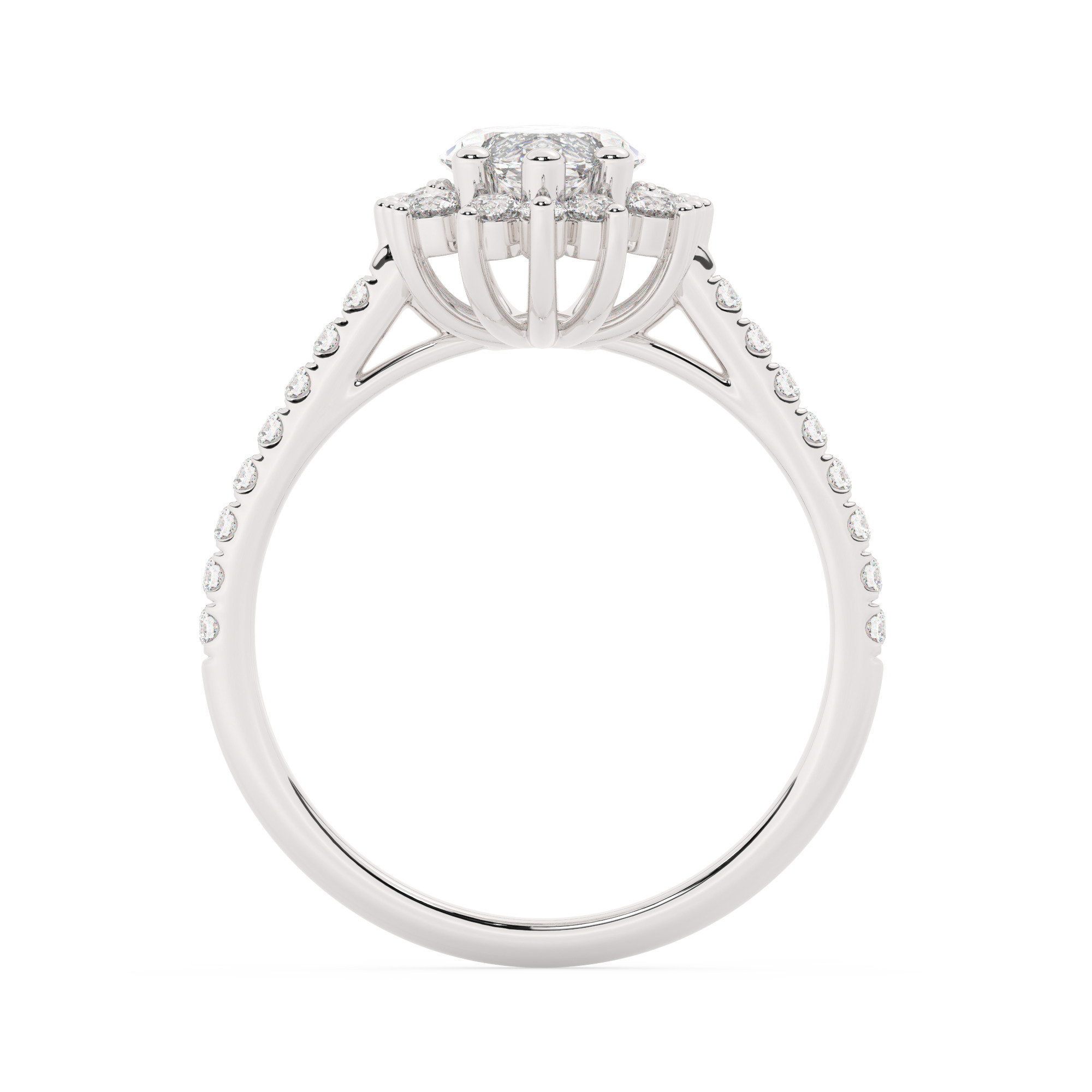 טבעת אירוסין היילו דגם 50024 כסף מצופה זהב לבן במרכז אבן מעבדה מוסונייט 0.75 קראט בחיתוך מרקיזה עם תעודה גמולוגית מסביב ובצדדים אבני מעבדה מוסונייט במשקל כולל של 0.39 קראט בחיתוך עגול – תמונה 3