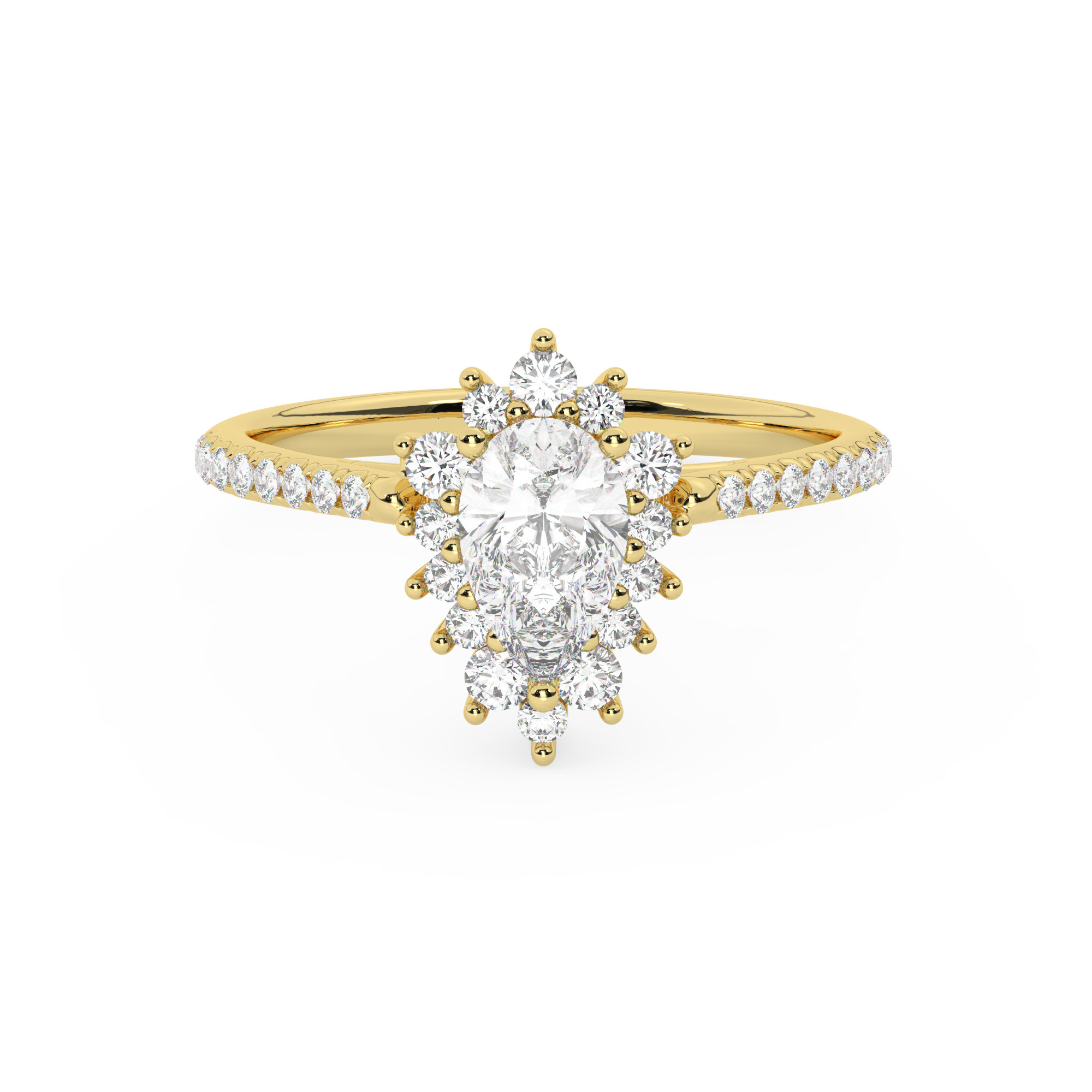 טבעת אירוסין היילו דגם 50024 כסף מצופה זהב צהוב במרכז יהלום מעבדה 1.50 קראט בחיתוך טיפה עם תעודה גמולוגית אירופאית IGI מסביב ובצדדים יהלומי מעבדה במשקל כולל של 0.39 קראט בחיתוך עגול – תמונה 2