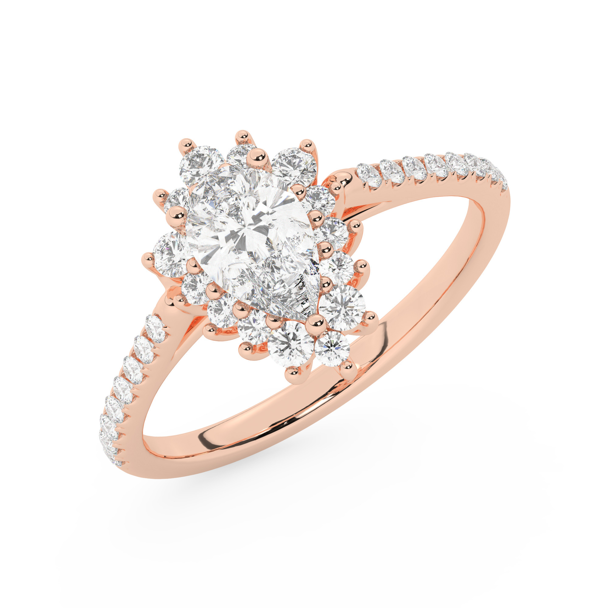 טבעת אירוסין היילו דגם 50024 כסף מצופה זהב אדום רוזגולד במרכז אבן מעבדה מוסונייט 1.50 קראט בחיתוך טיפה עם תעודה גמולוגית בינלאומית GRA מסביב ובצדדים אבני מעבדה מוסונייט במשקל כולל של 0.39 קראט בחיתוך עגול