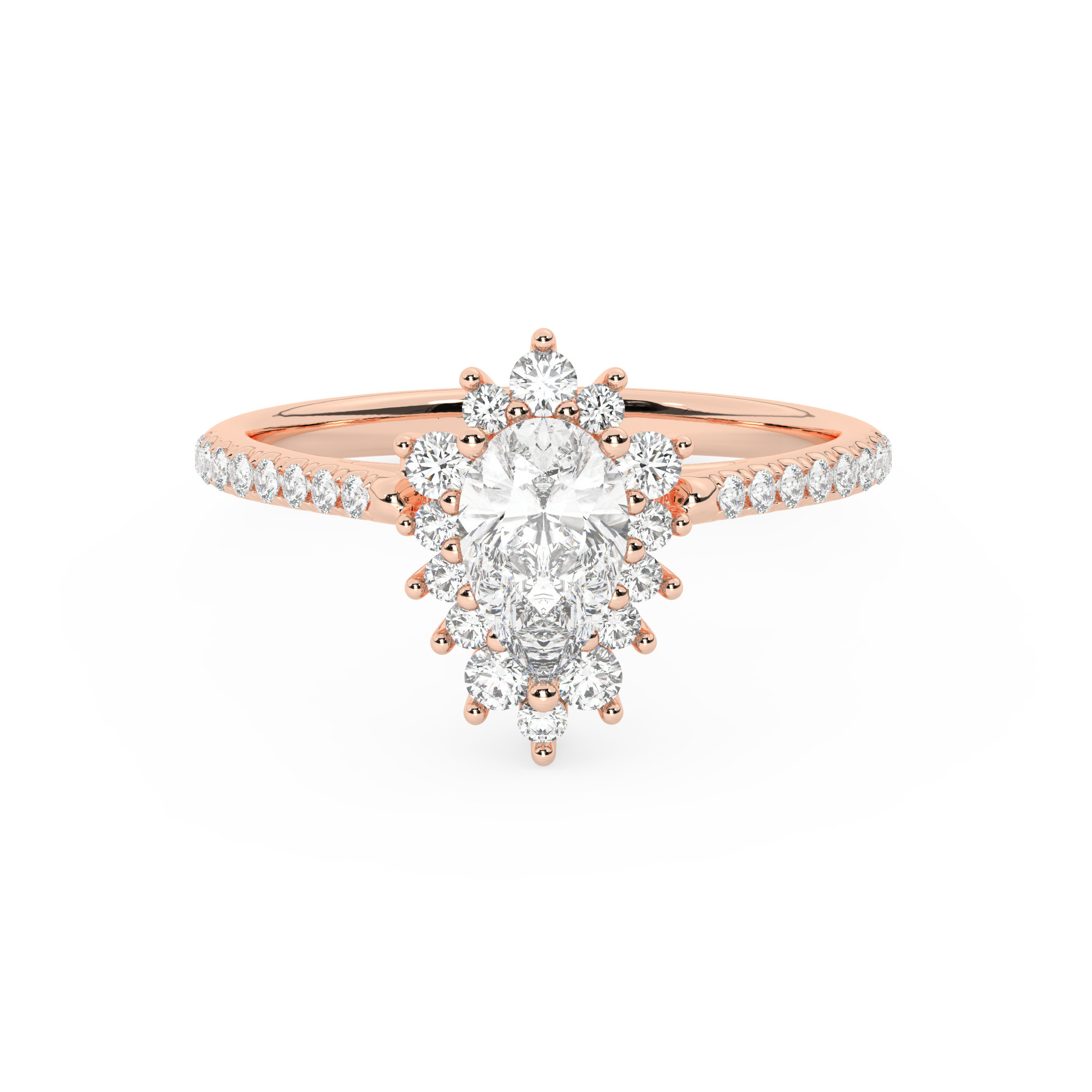 טבעת אירוסין היילו דגם 50024 כסף מצופה זהב אדום רוזגולד במרכז אבן מעבדה מוסונייט 1.50 קראט בחיתוך טיפה עם תעודה גמולוגית בינלאומית GRA מסביב ובצדדים אבני מעבדה מוסונייט במשקל כולל של 0.39 קראט בחיתוך עגול – תמונה 2