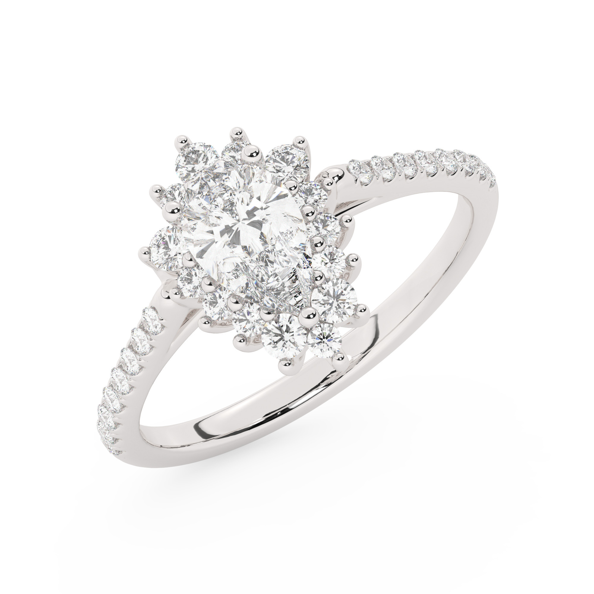 טבעת אירוסין היילו דגם 50024 כסף מצופה זהב לבן במרכז אבן מעבדה מוסונייט 2 קראט בחיתוך טיפה עם תעודה גמולוגית בינלאומית GRA מסביב ובצדדים אבני מעבדה מוסונייט במשקל כולל של 0.39 קראט בחיתוך עגול