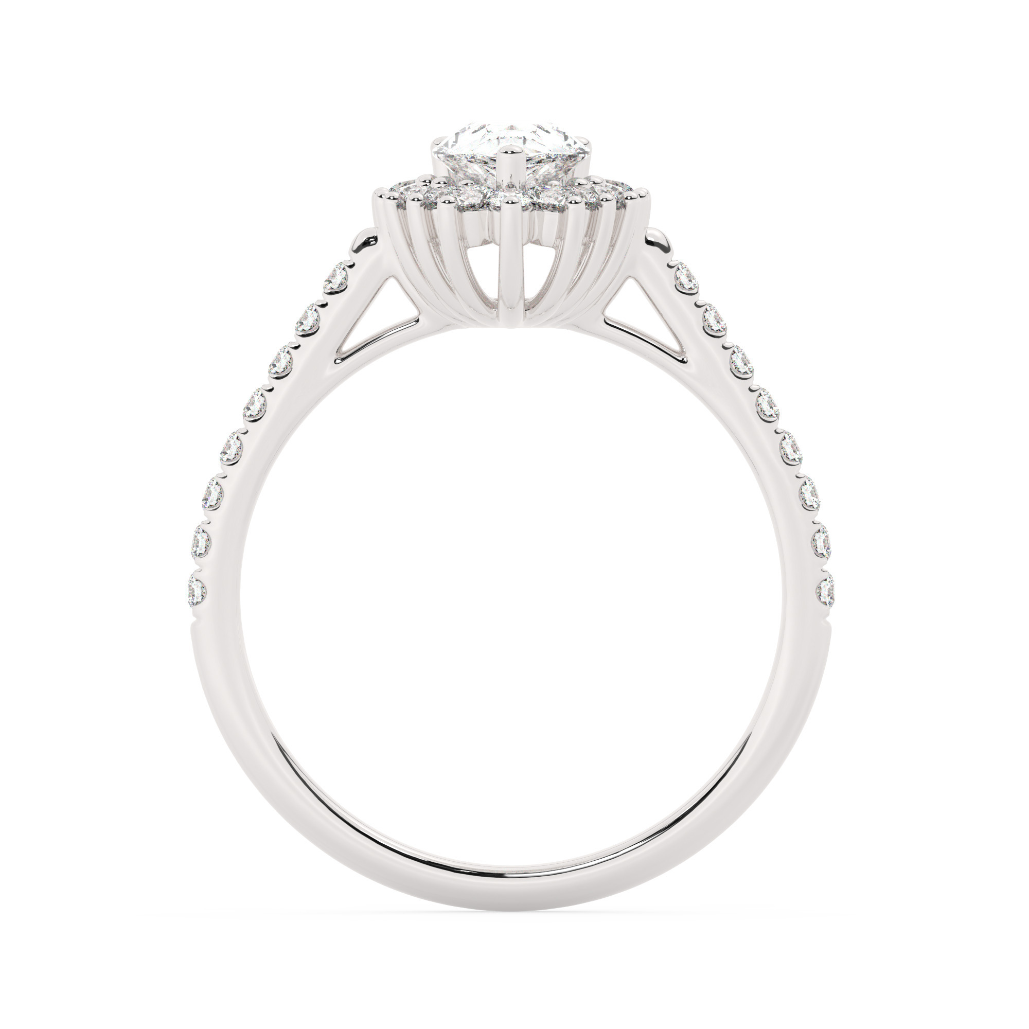 טבעת אירוסין היילו דגם 50024 כסף מצופה זהב לבן במרכז יהלום מעבדה 5 קראט בחיתוך טיפה עם תעודה גמולוגית אירופאית IGI מסביב ובצדדים יהלומי מעבדה במשקל כולל של 0.39 קראט בחיתוך עגול – תמונה 3