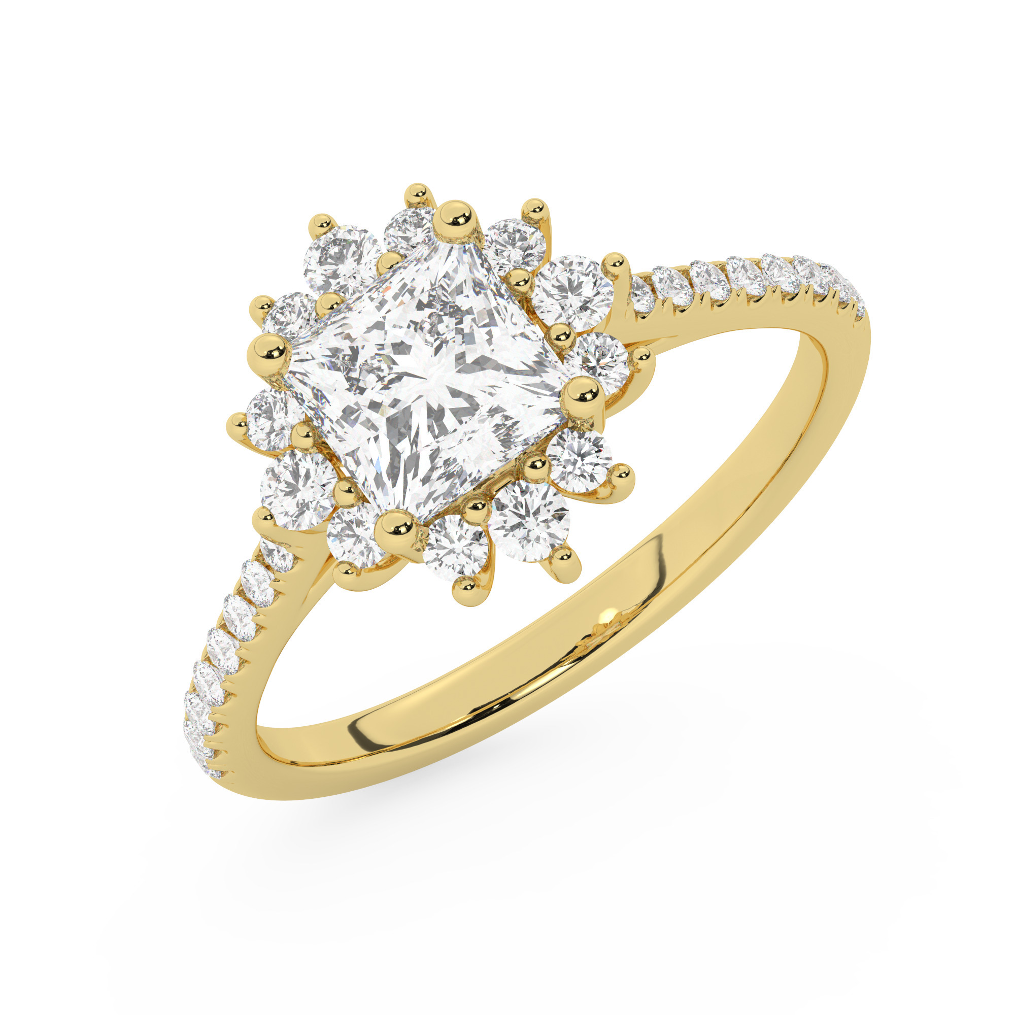 טבעת אירוסין היילו דגם 50024 כסף מצופה זהב צהוב במרכז יהלום מעבדה 1.50 קראט בחיתוך פרינסס עם תעודה גמולוגית אירופאית IGI מסביב ובצדדים יהלומי מעבדה במשקל כולל של 0.39 קראט בחיתוך עגול