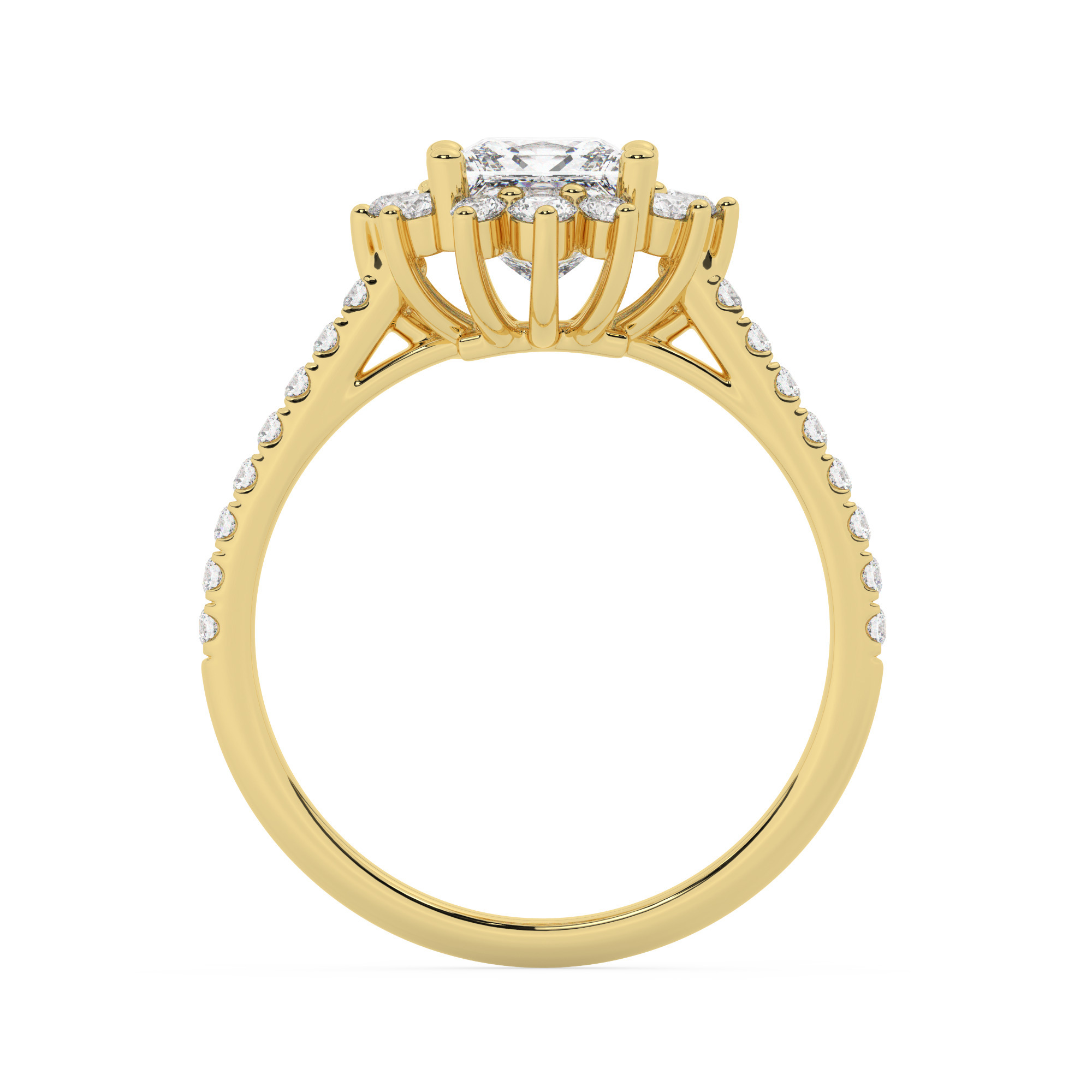 טבעת אירוסין היילו דגם 50024 כסף מצופה זהב צהוב במרכז יהלום מעבדה 1.50 קראט בחיתוך פרינסס עם תעודה גמולוגית אירופאית IGI מסביב ובצדדים יהלומי מעבדה במשקל כולל של 0.39 קראט בחיתוך עגול – תמונה 3